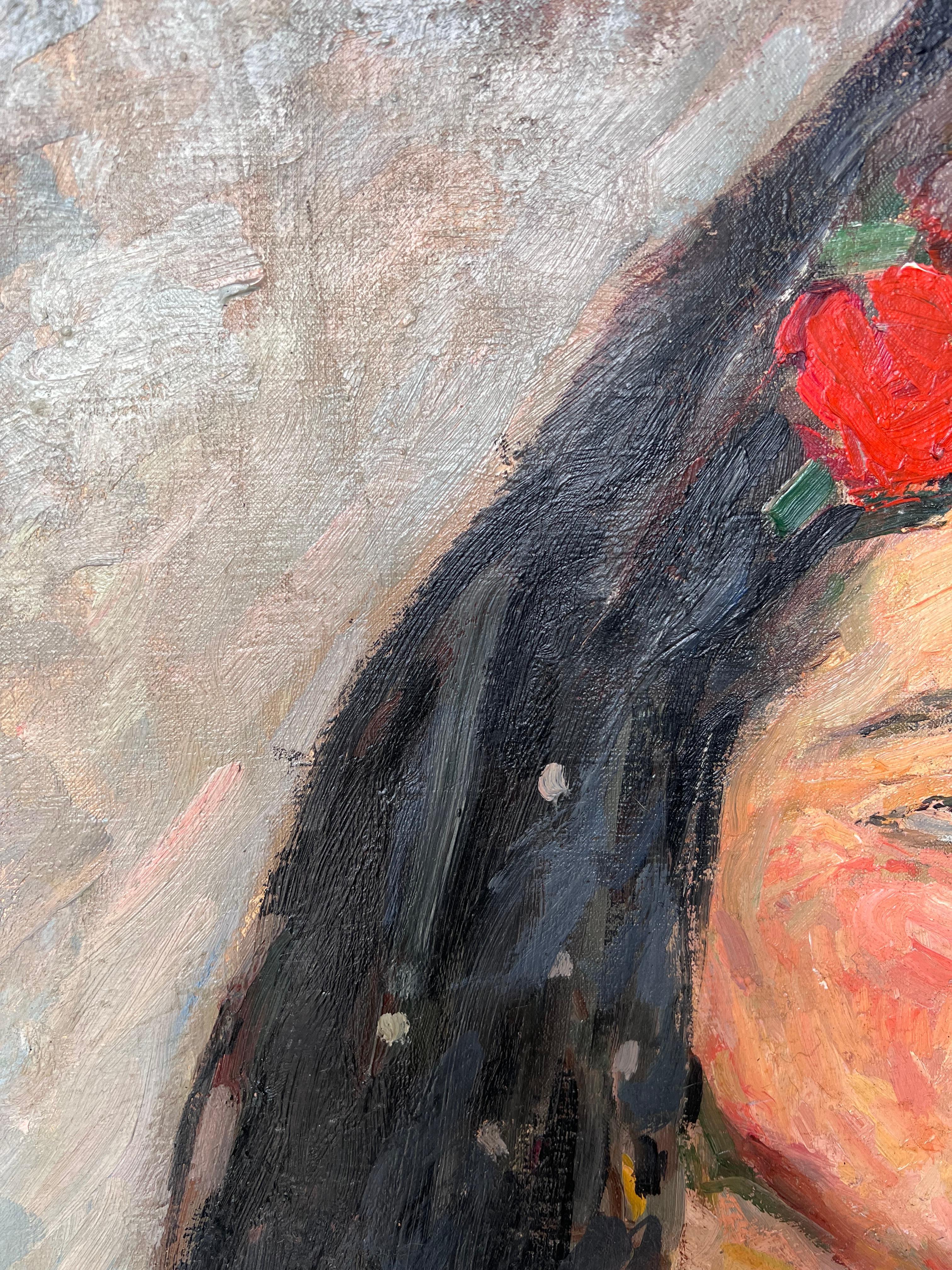 Nackt Porträt einer Dame in einem schwarzen Schleier Mid Century Französisch Malerei im Angebot 2