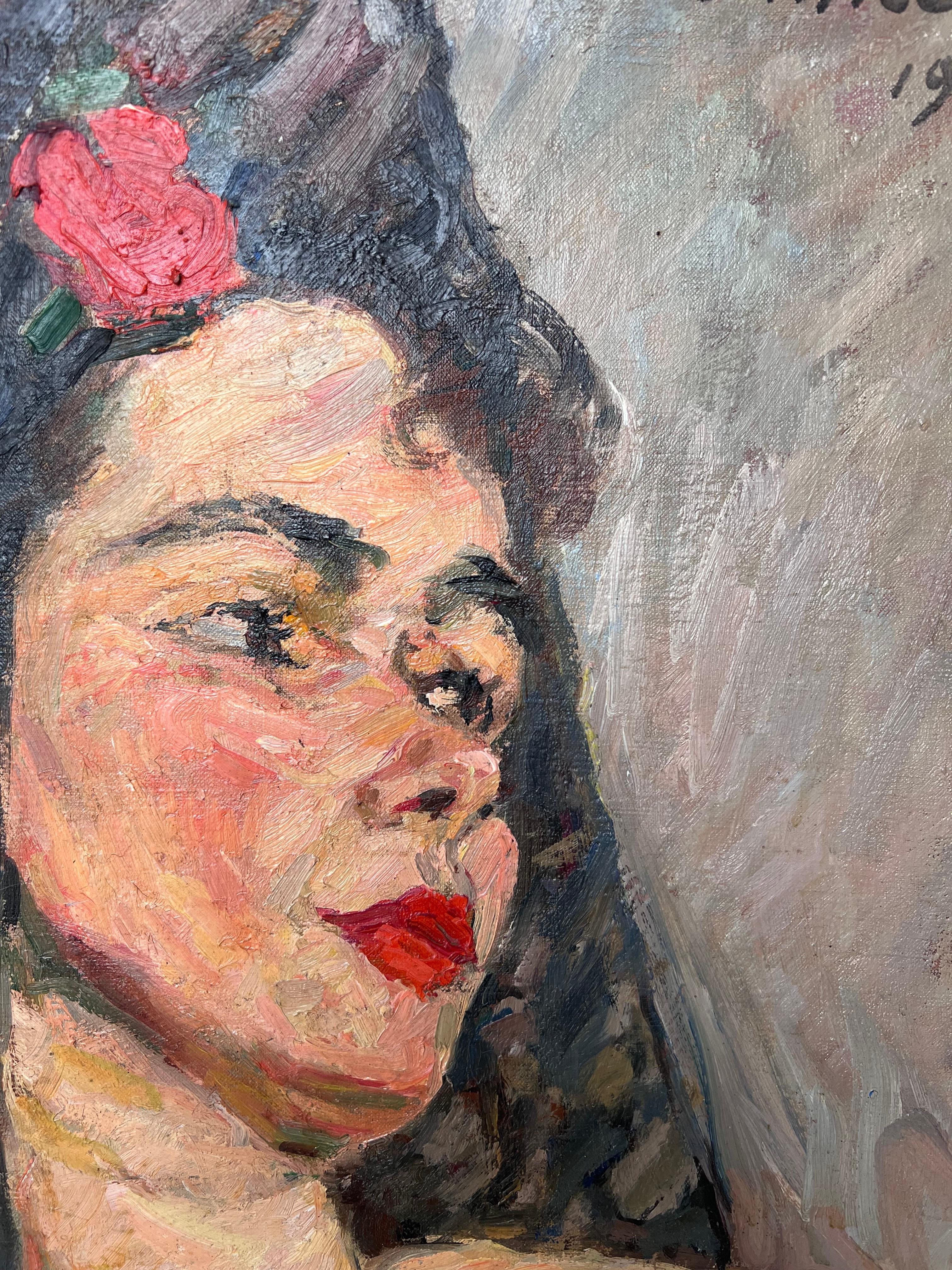 Nackt Porträt einer Dame in einem schwarzen Schleier Mid Century Französisch Malerei im Angebot 3