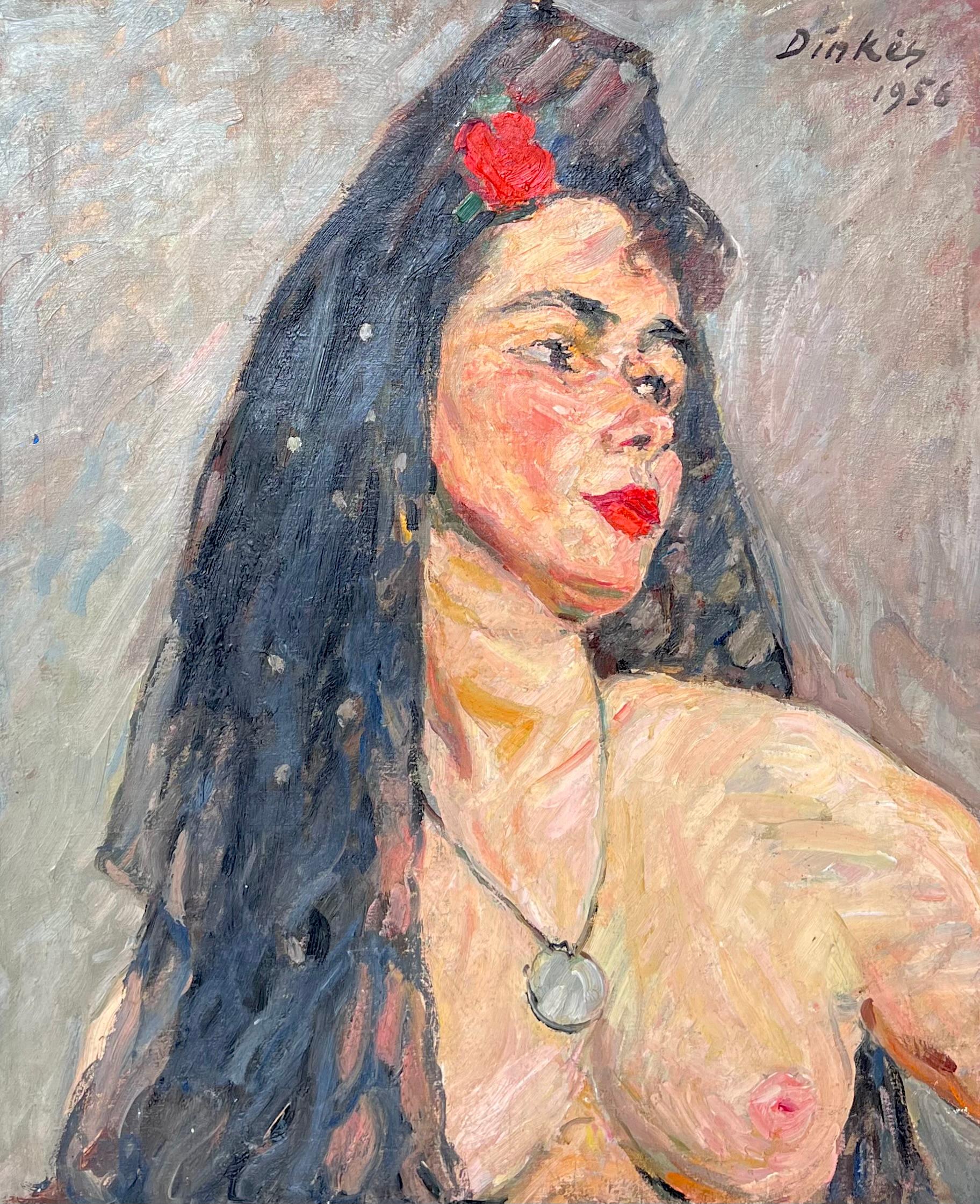 Suzanne Dinkes Figurative Painting – Nackt Porträt einer Dame in einem schwarzen Schleier Mid Century Französisch Malerei