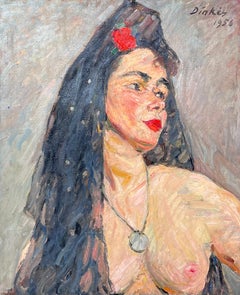 Nude Portrait Of A Lady In A Black Veil Mid Century French Painting
