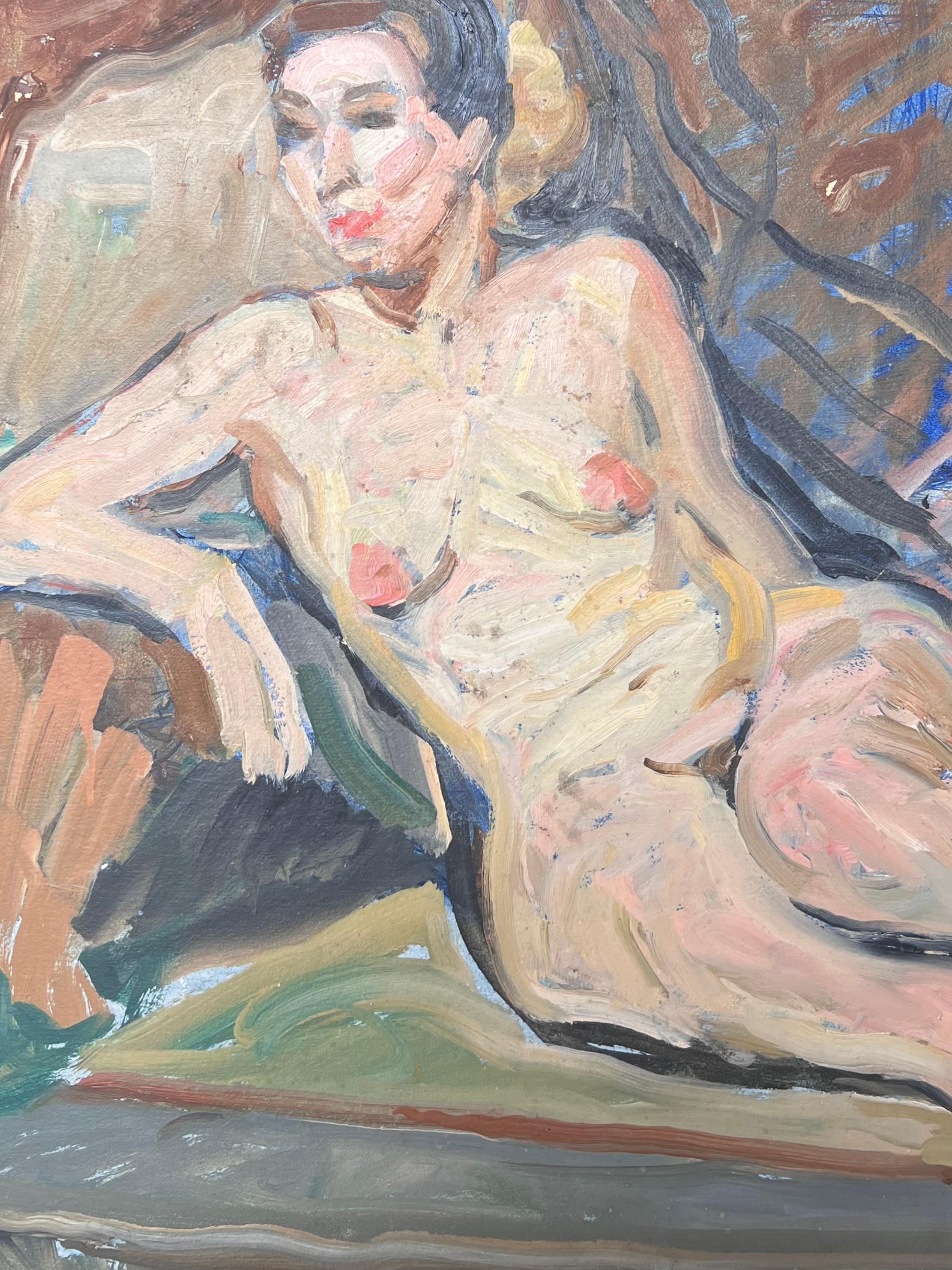 Ritratto di donna nuda in posa sul divano Pittura francese della metà del secolo scorso - Painting Postimpressionismo di Suzanne Dinkes
