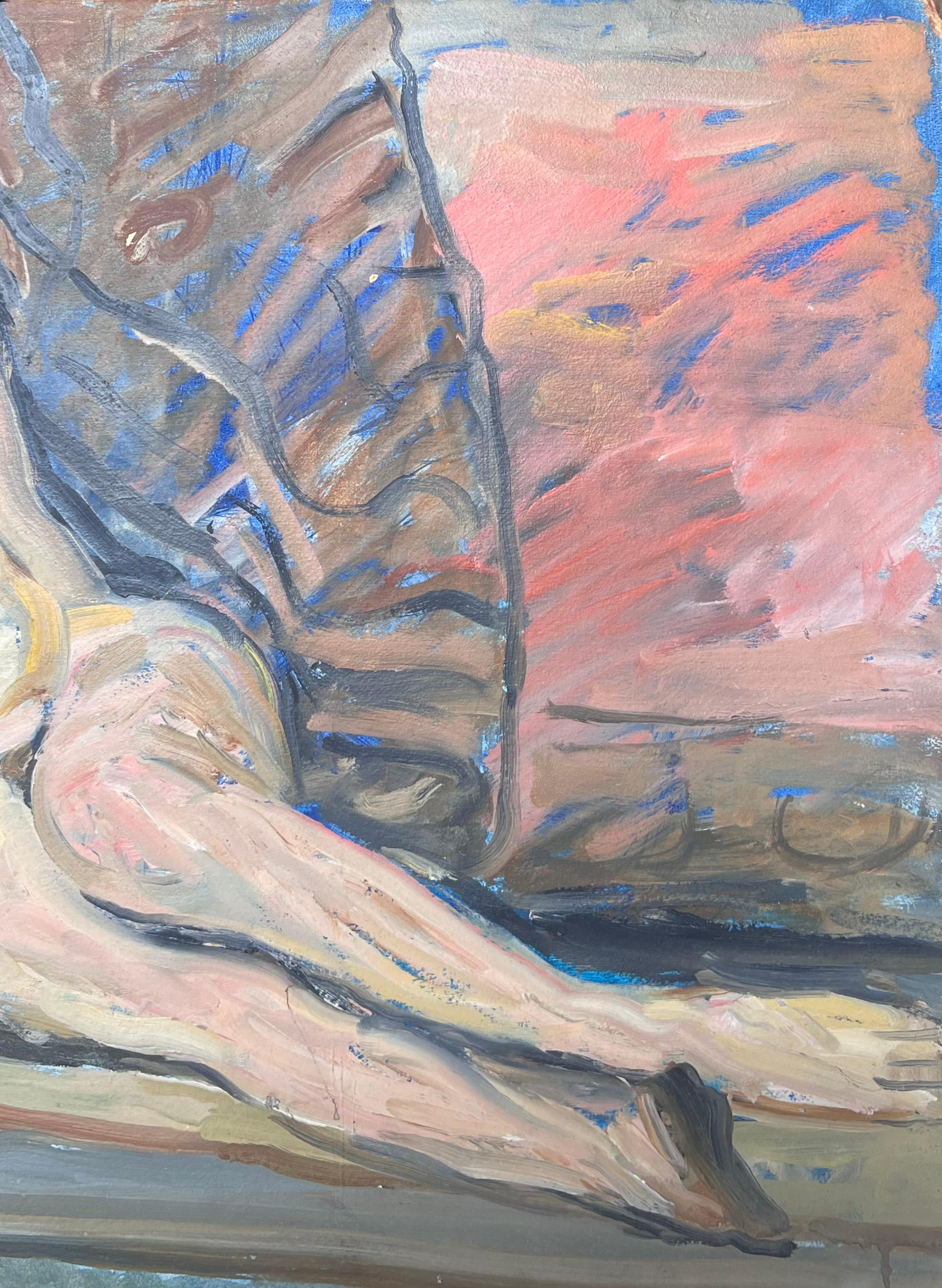 Ritratto di donna nuda in posa sul divano Pittura francese della metà del secolo scorso - Figurative Painting Grigio di Suzanne Dinkes