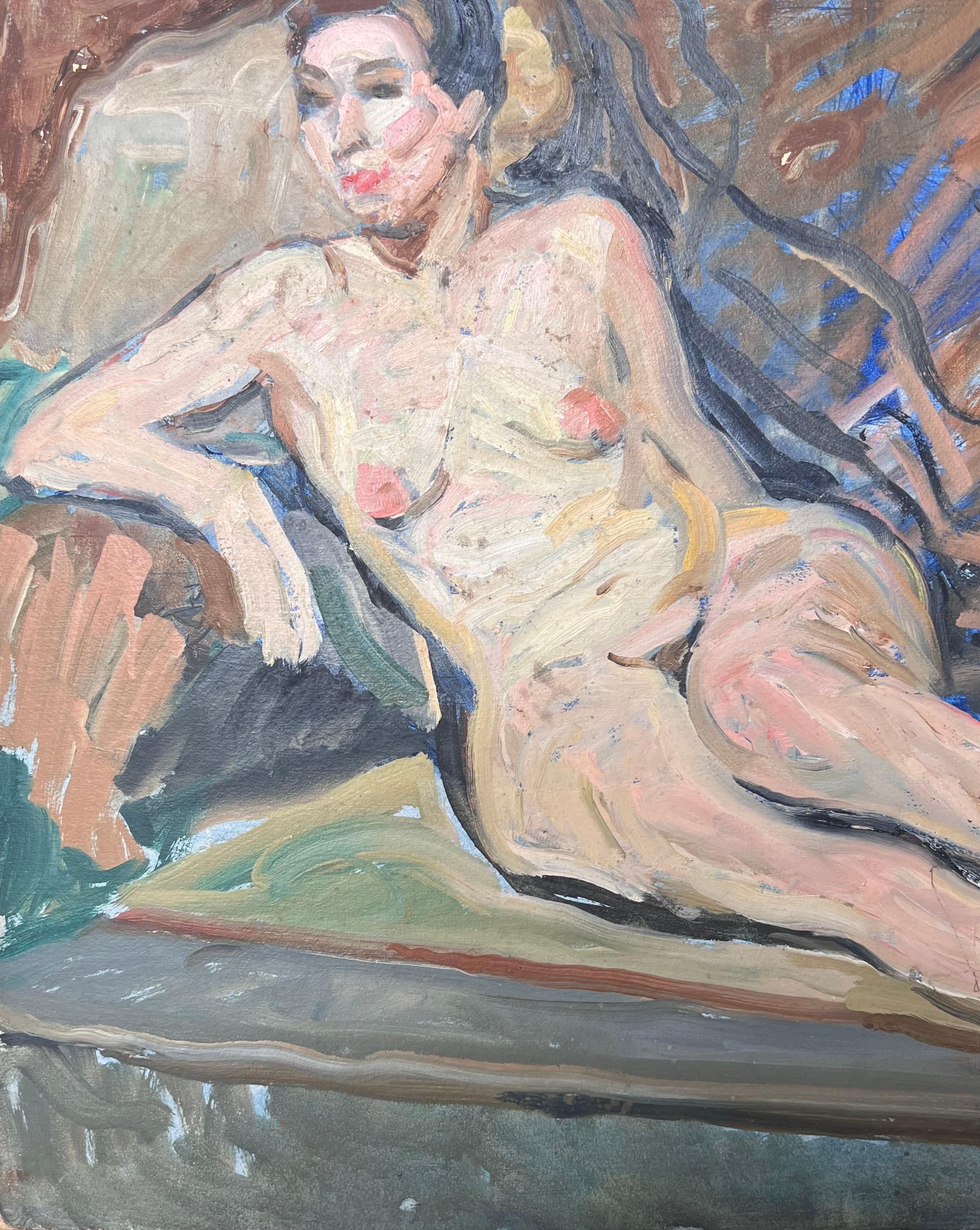 Ritratto di donna nuda in posa sul divano Pittura francese della metà del secolo scorso in vendita 1