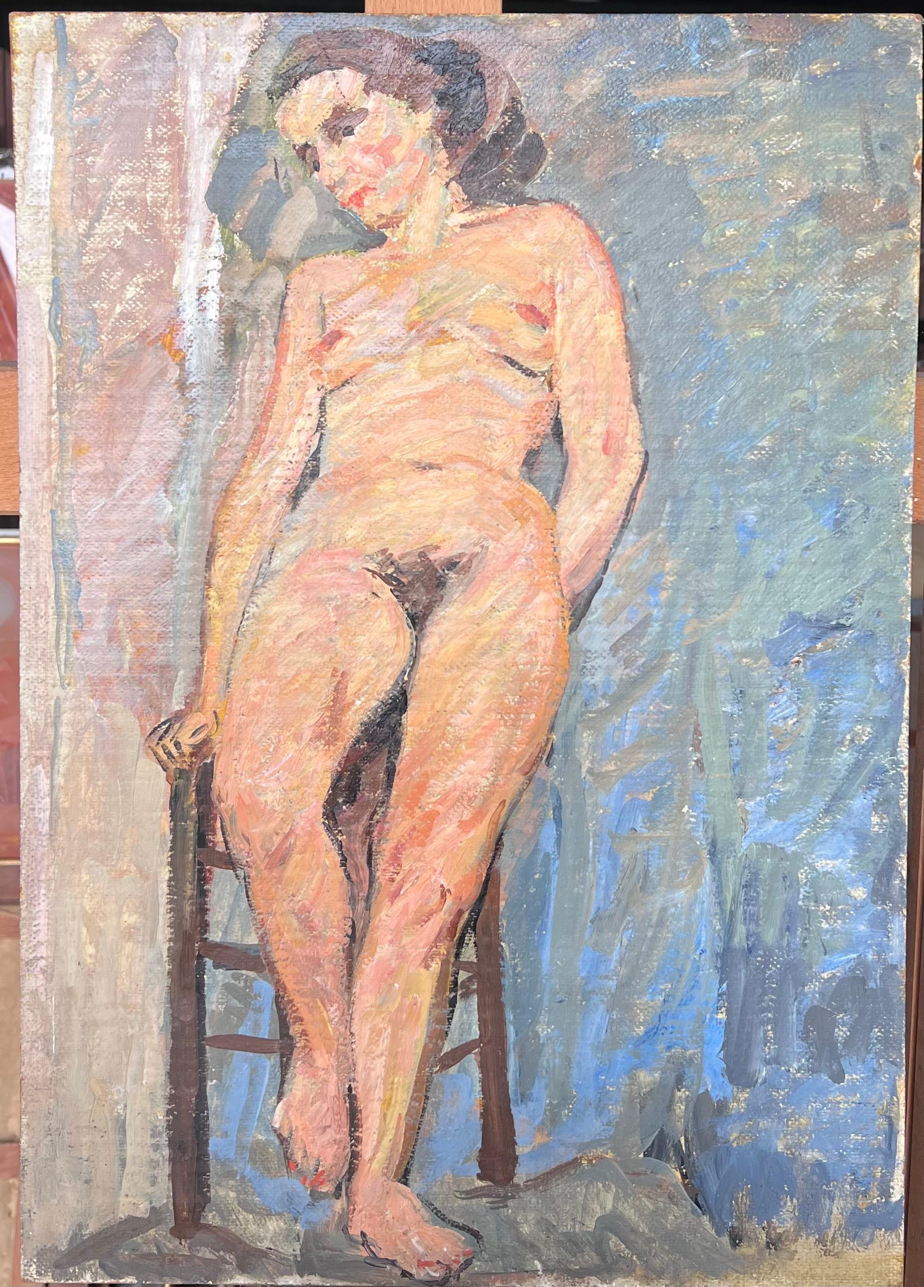 Ritratto di donna nuda in posa su una bancarella Pittura impressionista francese della metà del secolo scorso - Painting di Suzanne Dinkes