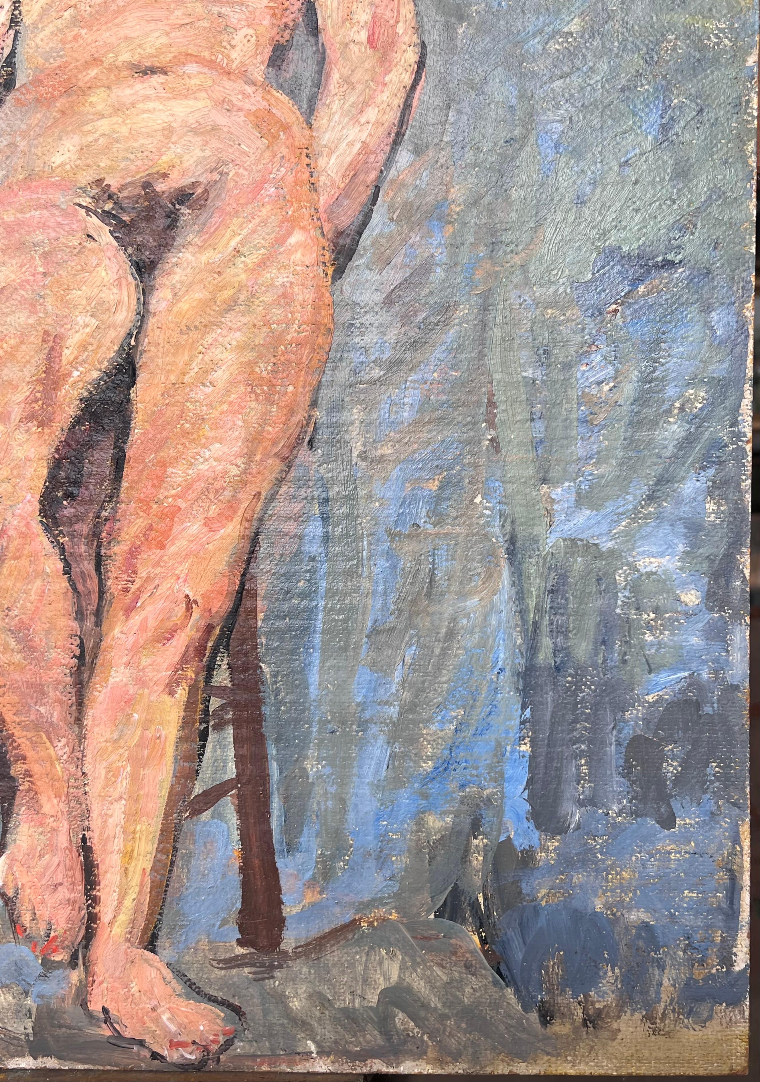 Ritratto di donna nuda in posa su una bancarella Pittura impressionista francese della metà del secolo scorso - Figurative Painting Grigio di Suzanne Dinkes