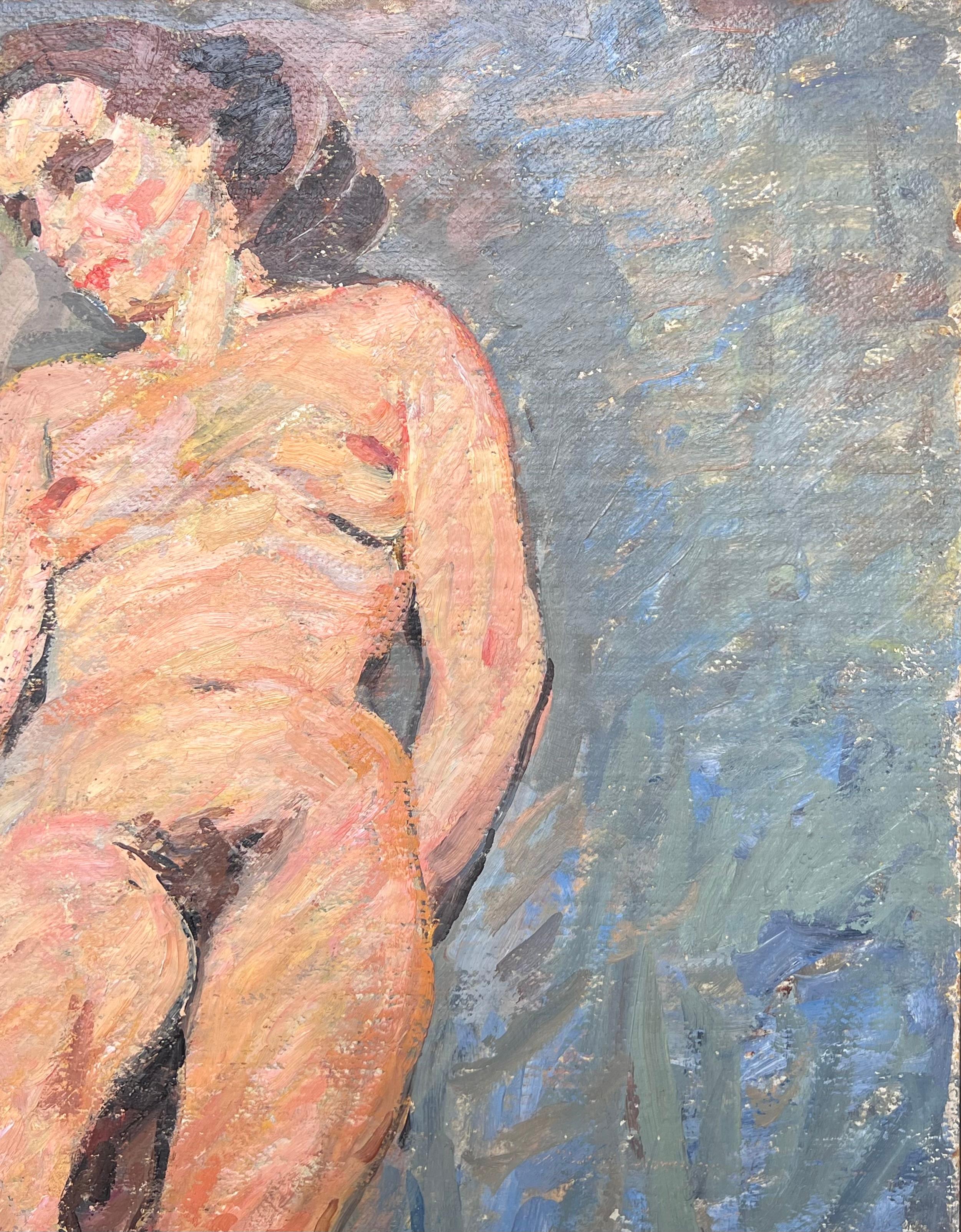 Ritratto di donna nuda in posa su una bancarella Pittura impressionista francese della metà del secolo scorso in vendita 2
