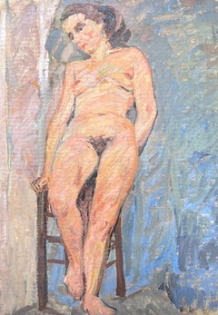 Nude Portrait of a Lady Posed on Stall Mid Century French Impressionist Painting