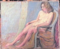 Nude Study of a Lady Posed on a Chair Mid Century French Painting