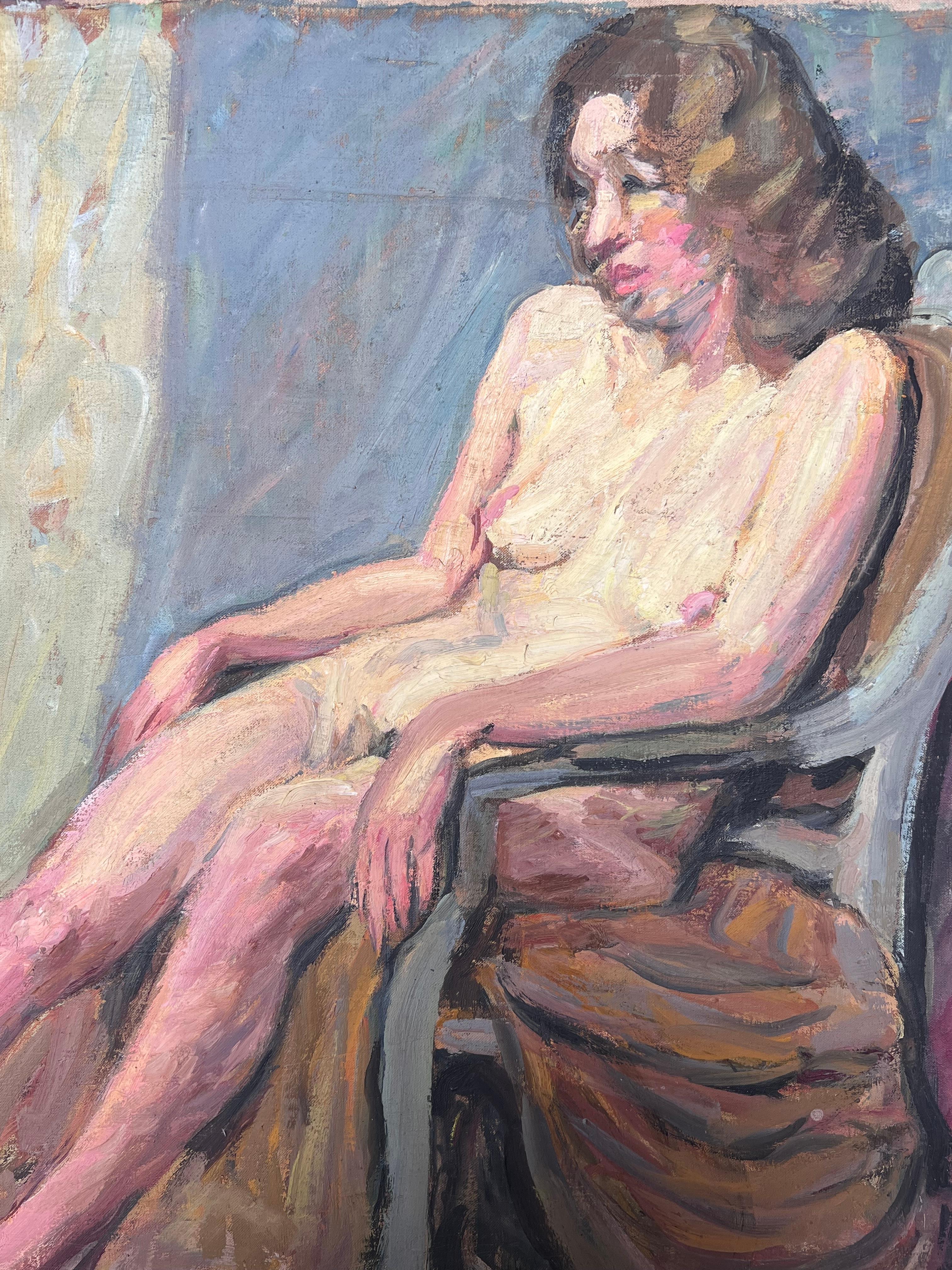Studio di nudo di una signora in posa su una sedia Pittura francese della metà del secolo scorso - Painting Postimpressionismo di Suzanne Dinkes