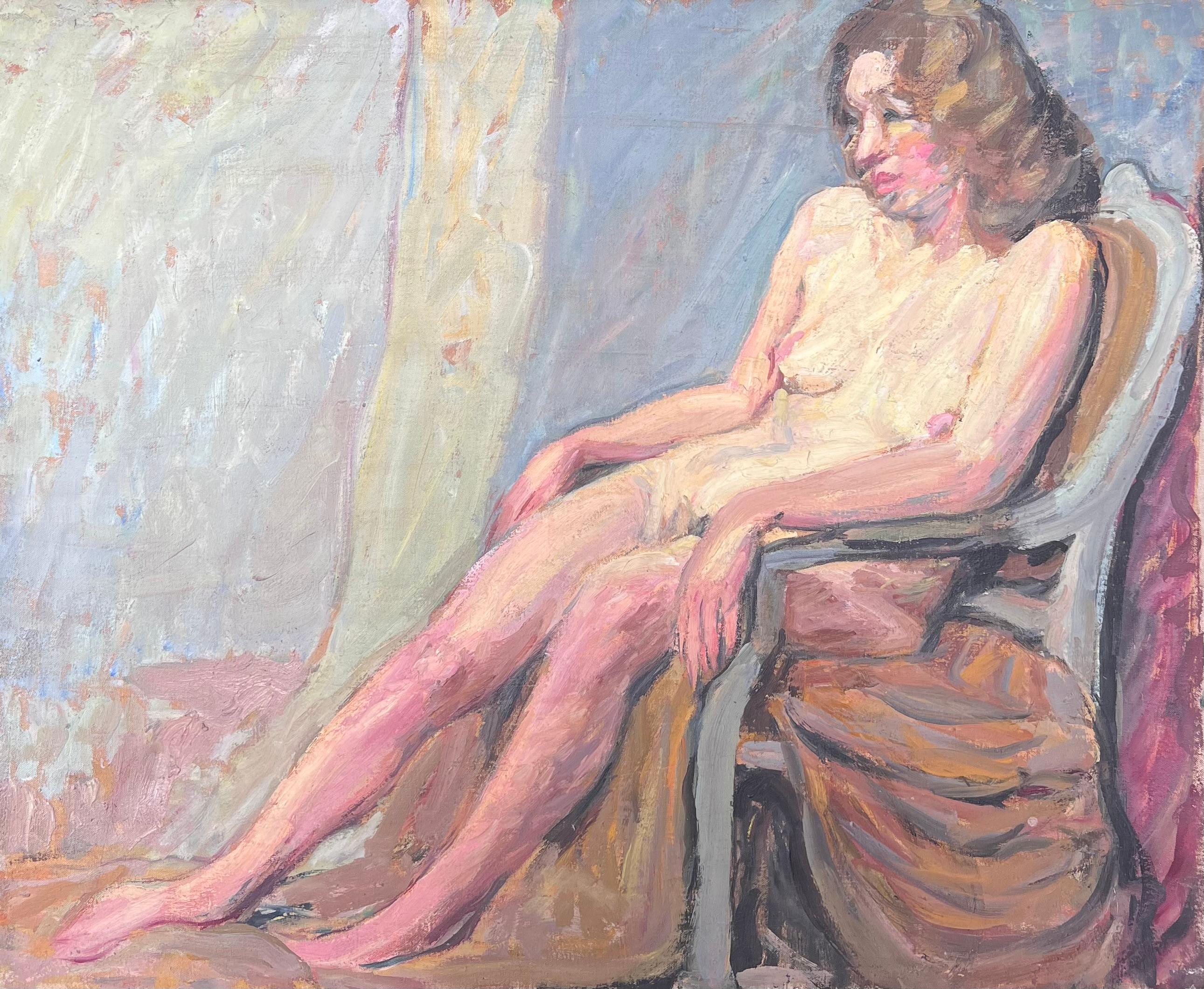 Nude Study of a Lady Posed on a Chair Mid Century French Painting