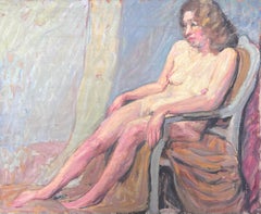 Nude Study of a Lady Posed on a Chair Mid Century French Painting