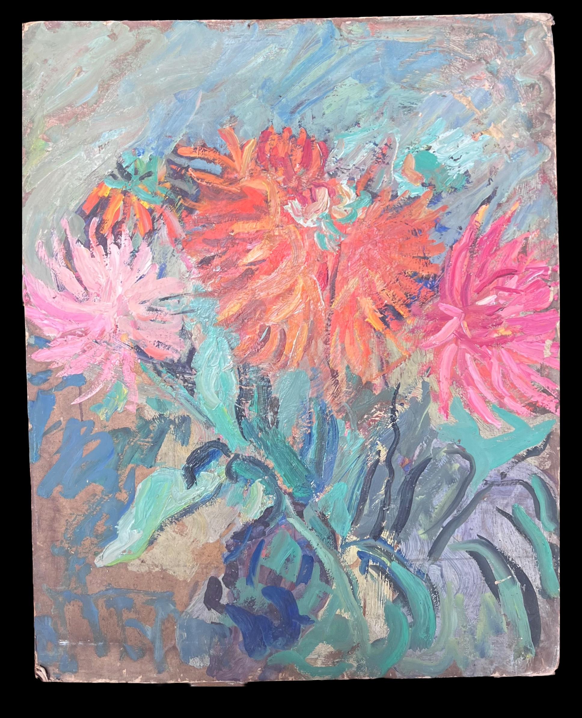 Orange und rosa Dahlien Stillleben Mid Century Französisch Impressionist Öl – Painting von Suzanne Dinkes