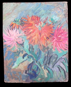 Bodegón de dalias naranjas y rosas Óleo impresionista francés de mediados de siglo