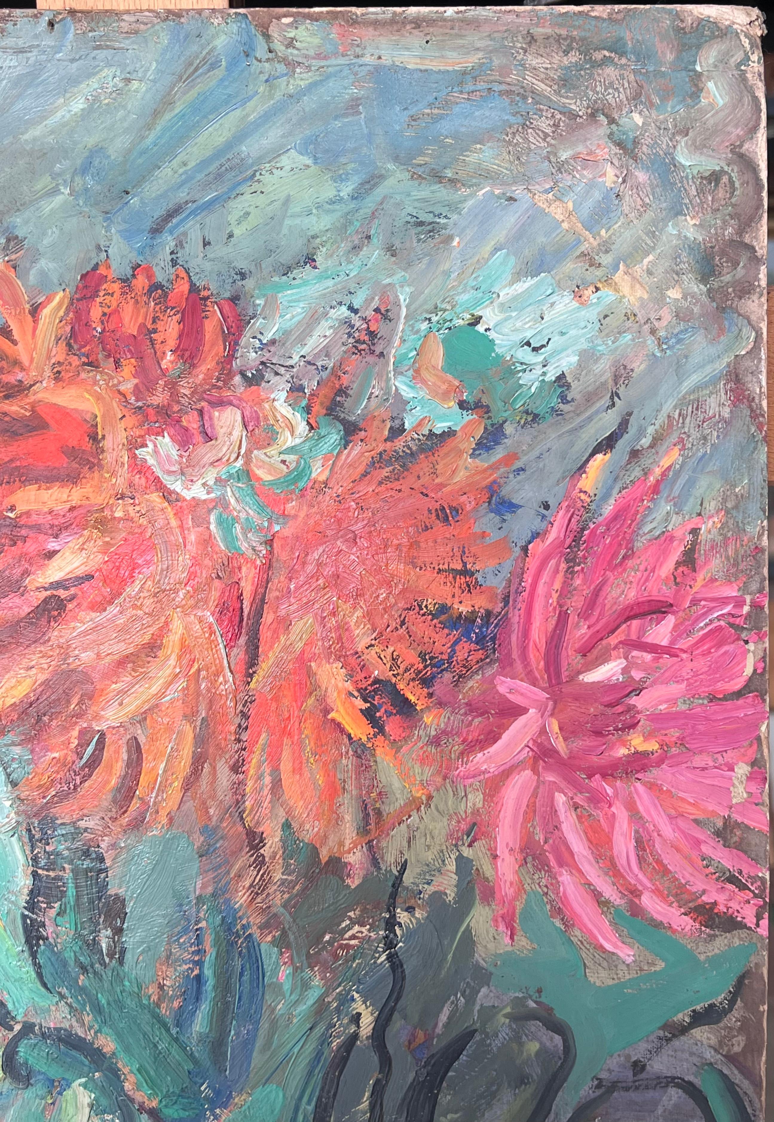Orange und rosa Dahlien Stillleben Mid Century Französisch Impressionist Öl (Post-Impressionismus), Painting, von Suzanne Dinkes
