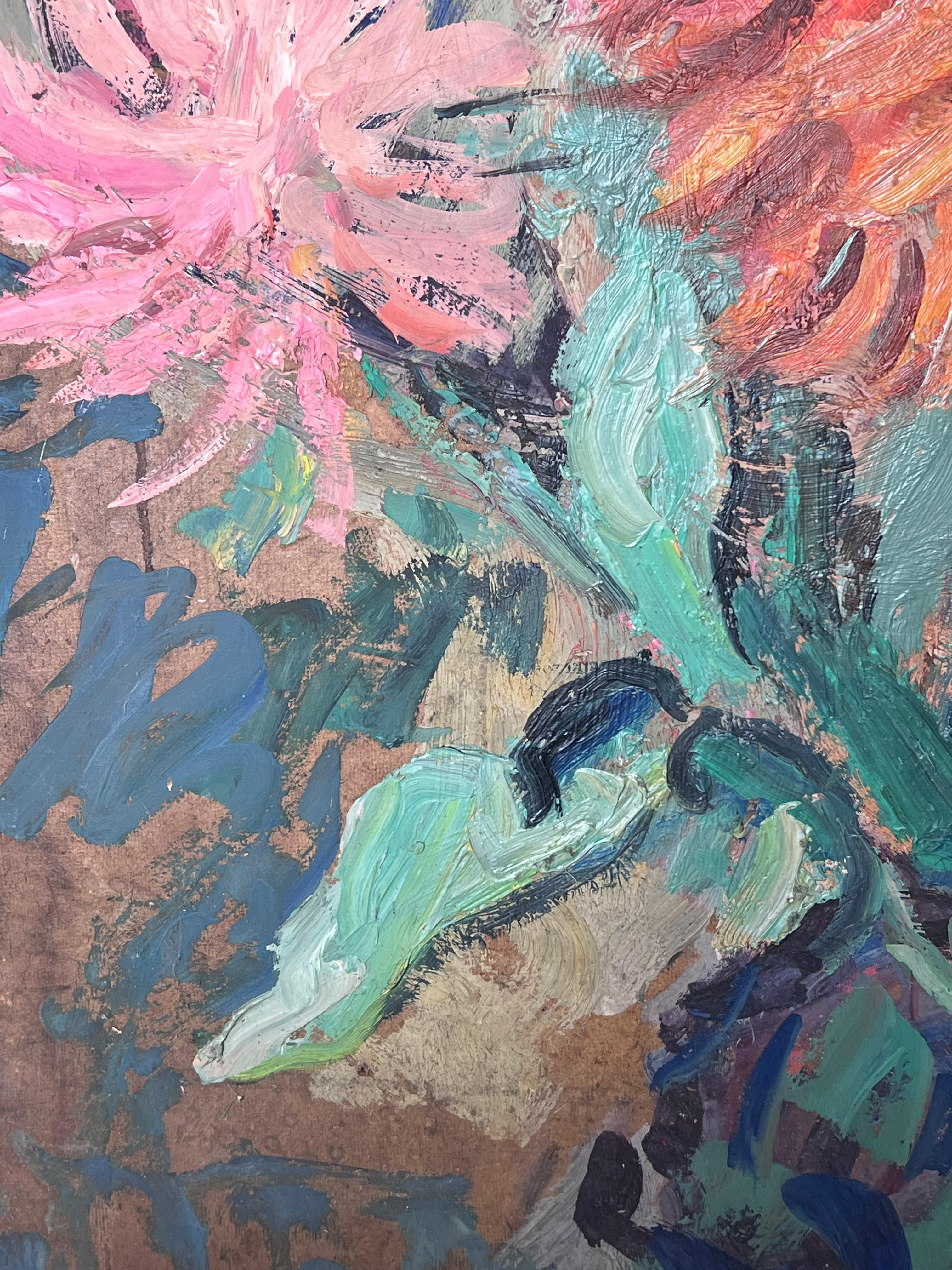 Orange und rosa Dahlien Stillleben Mid Century Französisch Impressionist Öl im Angebot 1