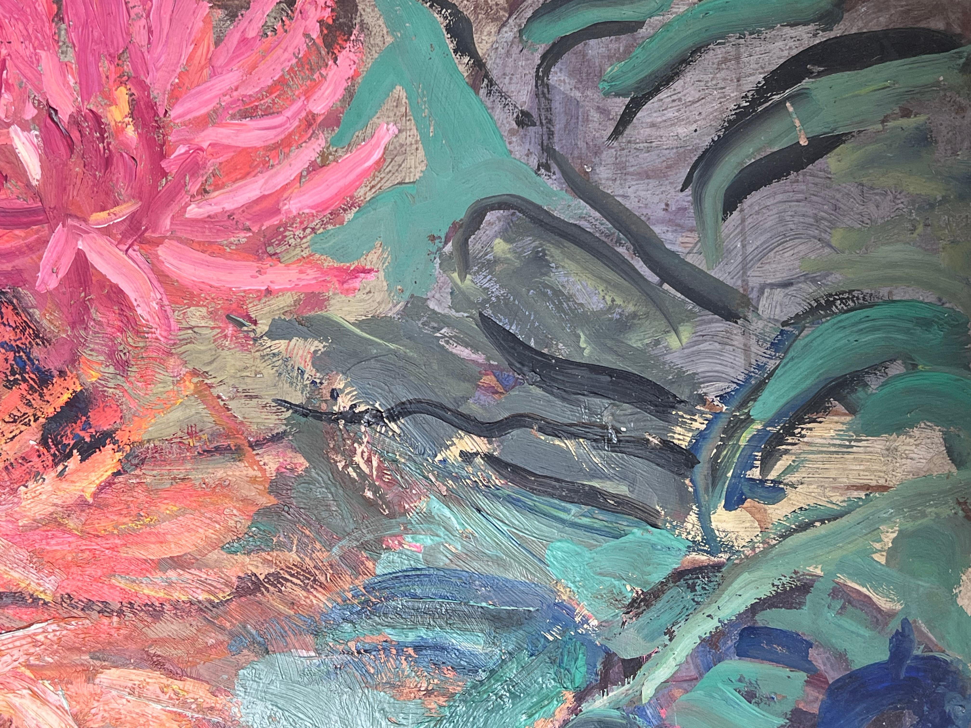 Orange und rosa Dahlien Stillleben Mid Century Französisch Impressionist Öl im Angebot 2