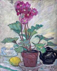 Fiori rosa in un vaso per piante Interno cucina Pittura francese del metà del secolo scorso