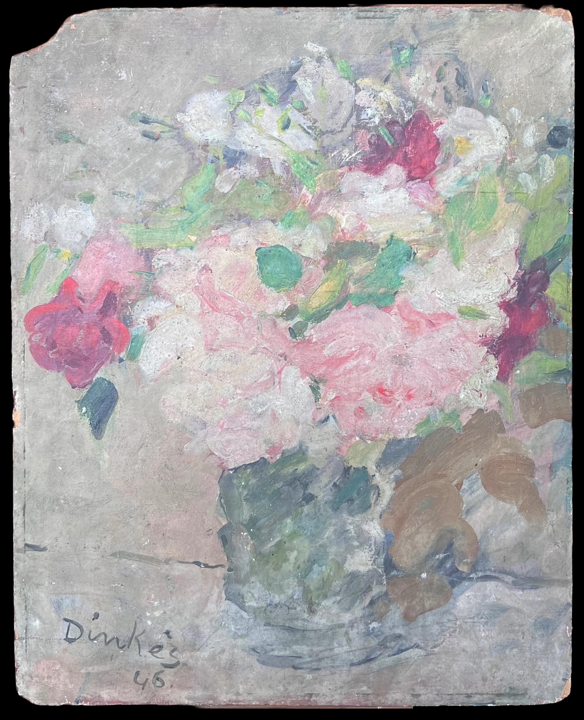 Roses roses blanches et rouges dans un vase en verre transparent Huile impressionniste française du milieu du siècle - Painting de Suzanne Dinkes