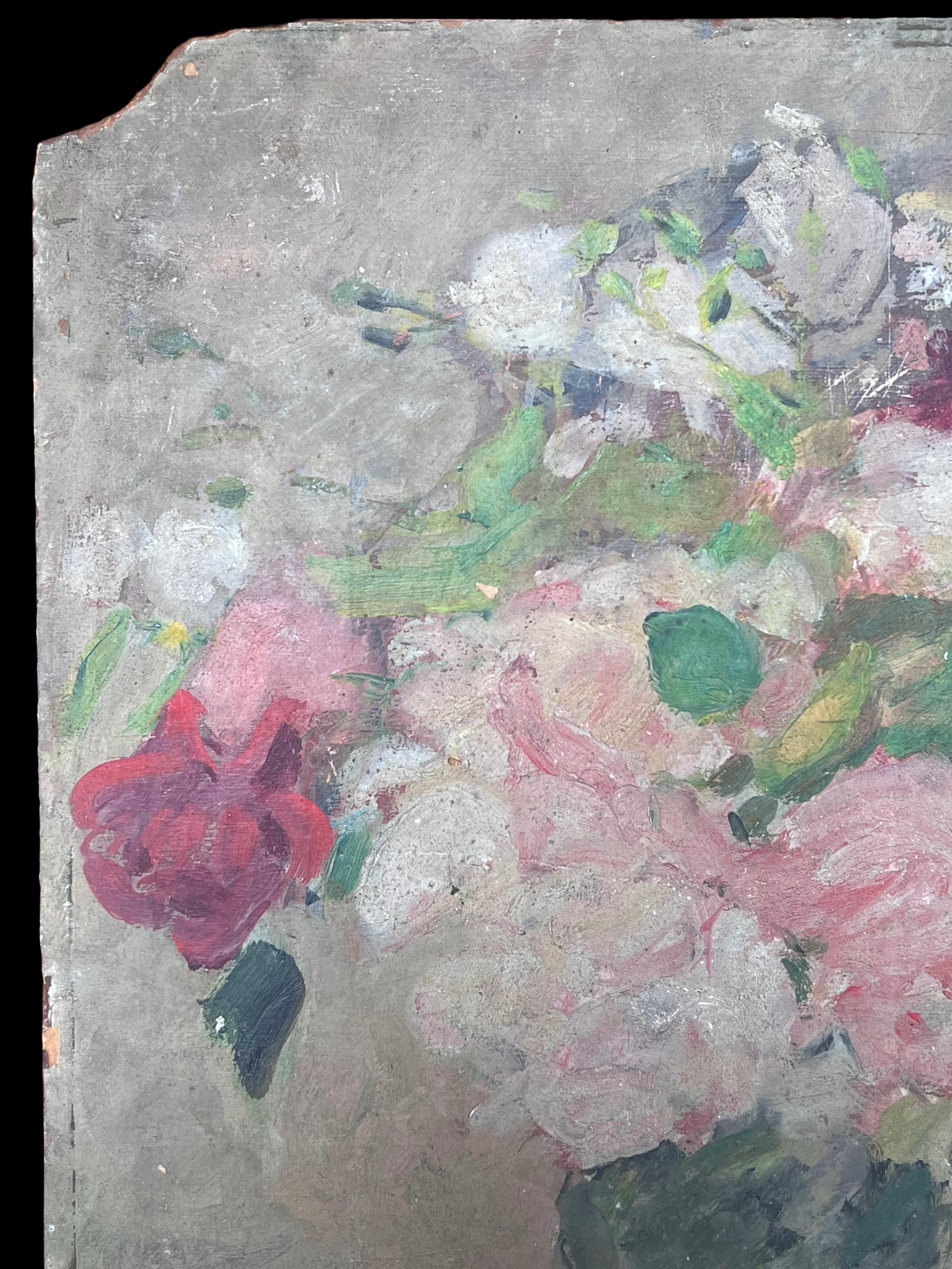 Roses roses blanches et rouges dans un vase en verre transparent Huile impressionniste française du milieu du siècle en vente 1