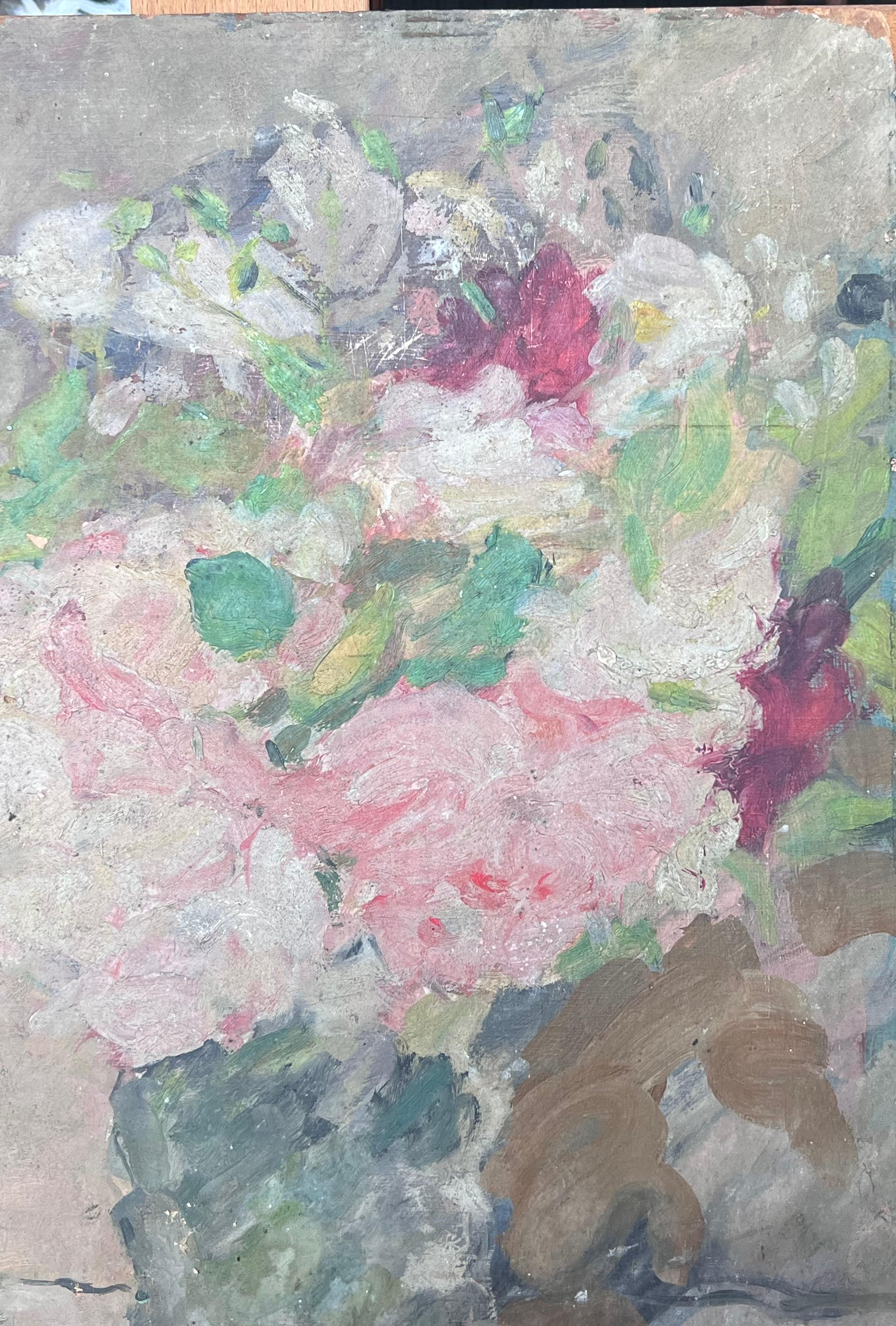 Roses roses blanches et rouges dans un vase en verre transparent Huile impressionniste française du milieu du siècle en vente 2