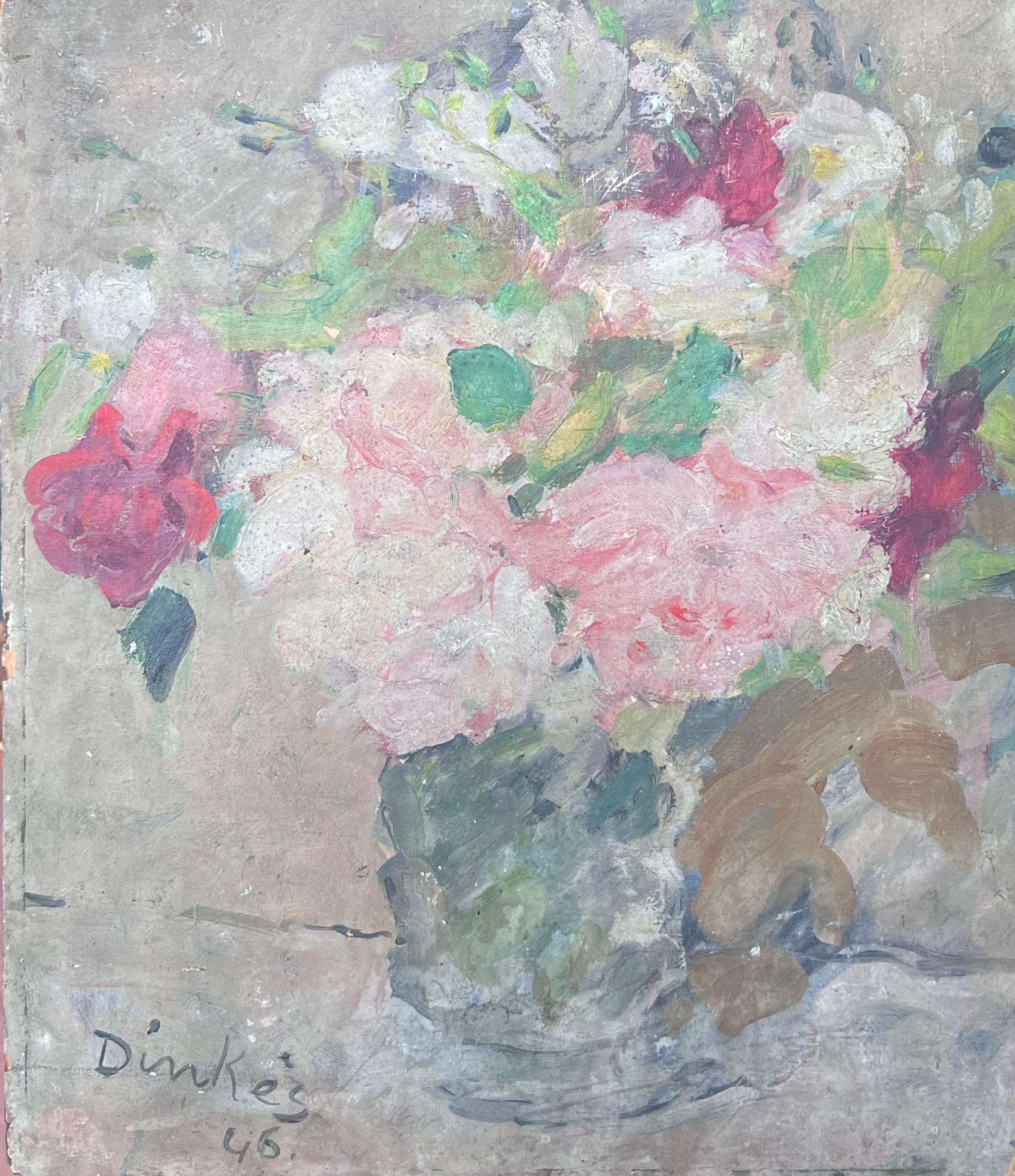 Roses roses blanches et rouges dans un vase en verre transparent Huile impressionniste française du milieu du siècle