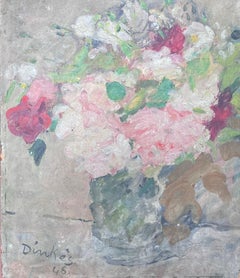Roses roses blanches et rouges dans un vase en verre transparent Huile impressionniste française du milieu du siècle
