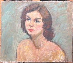 Portrait of a Brunette Nude Lady with Blue Eyeliner Mid Century French Painting