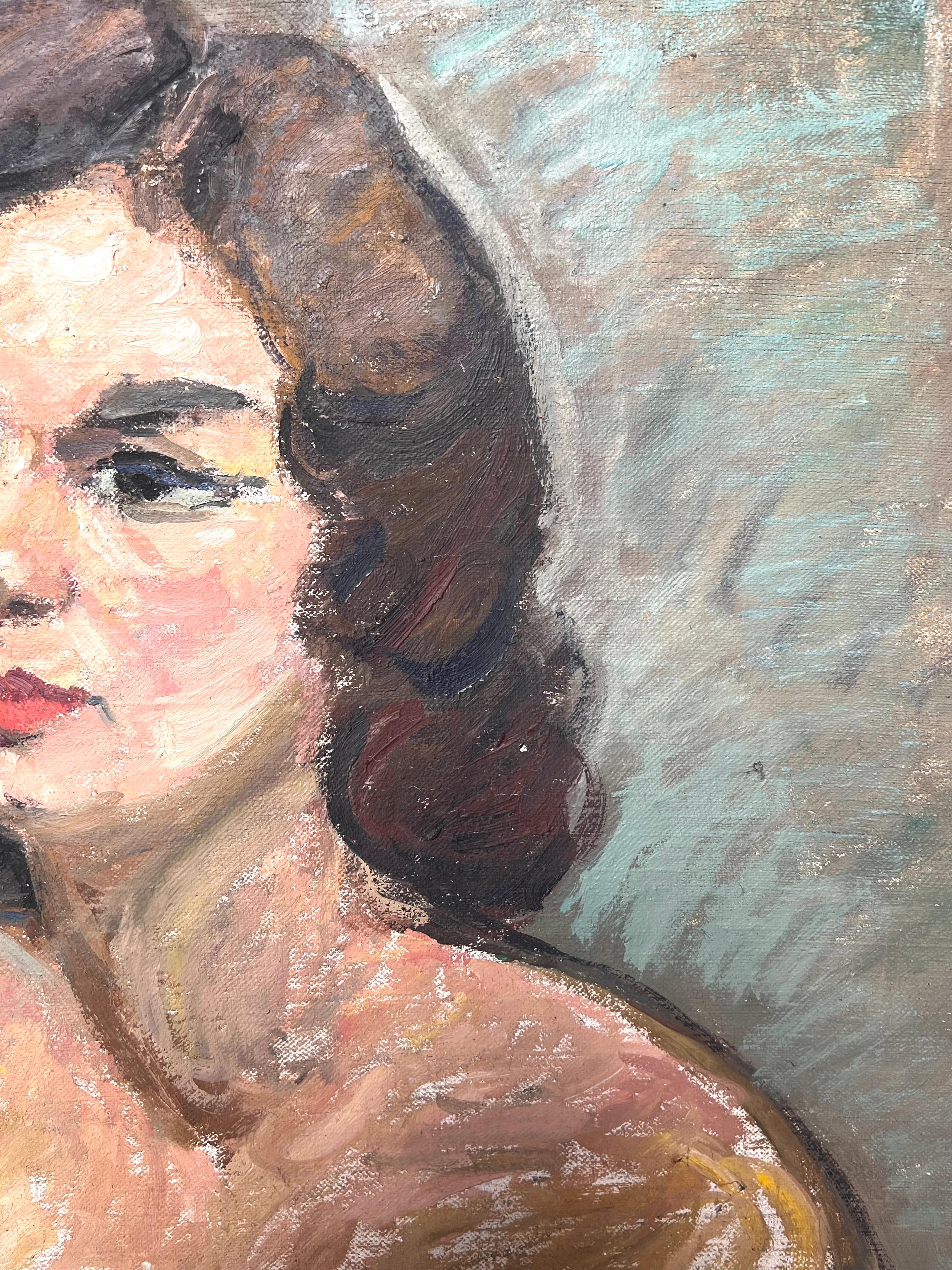 Porträt einer brünetten nackten Dame mit blauem Eyeliner Französische Malerei der Jahrhundertmitte (Post-Impressionismus), Painting, von Suzanne Dinkes