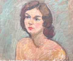 Portrait of a Brunette Nude Lady with Blue Eyeliner Mid Century French Painting