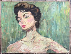 Portrait of a Green Eyed Woman in Thick Oil Green Background French Painting