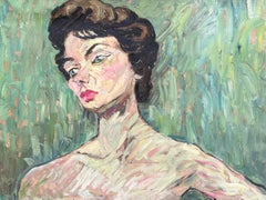 Portrait of a Green Eyed Woman in Thick Oil Green Background French Painting