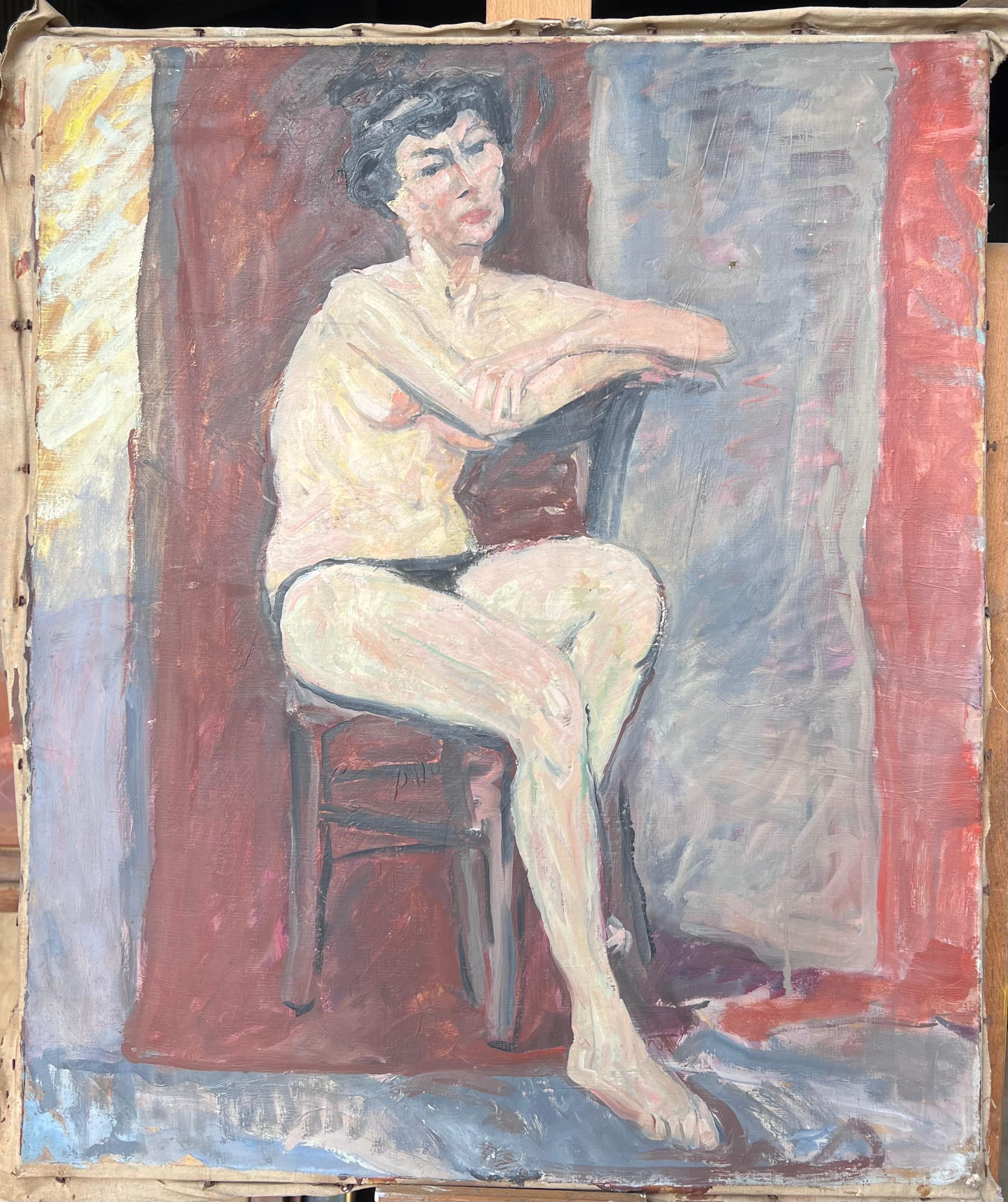 Porträt einer nackten Dame auf Stuhl posiert unten Französisch Mitte des Jahrhunderts Malerei – Painting von Suzanne Dinkes