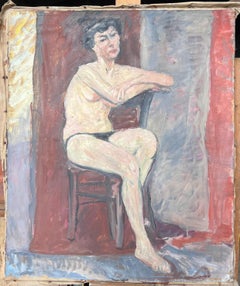 Portrait of a Nude Lady Posed On Chair Down French Mid Century Painting