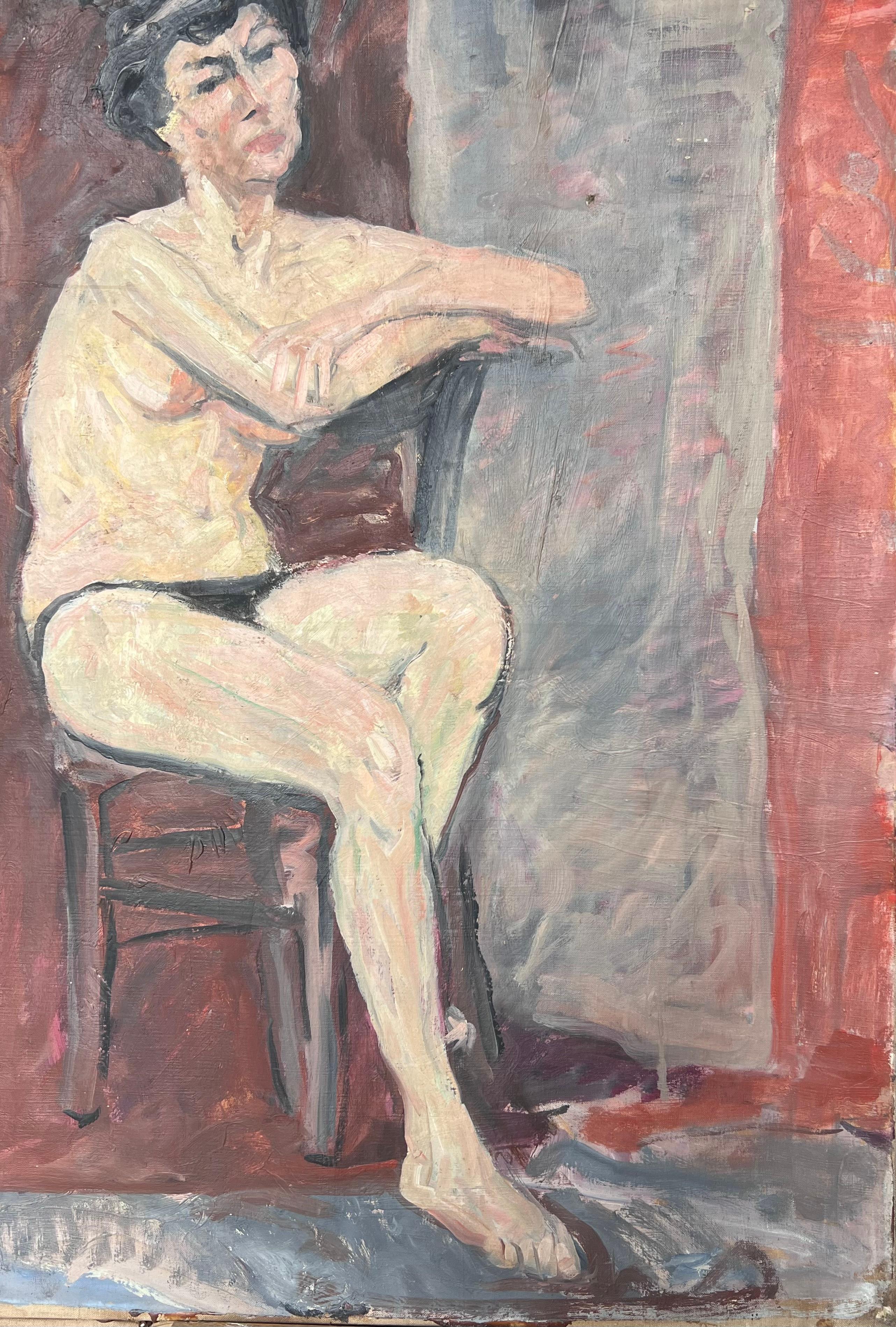 Porträt einer nackten Dame auf Stuhl posiert unten Französisch Mitte des Jahrhunderts Malerei (Post-Impressionismus), Painting, von Suzanne Dinkes
