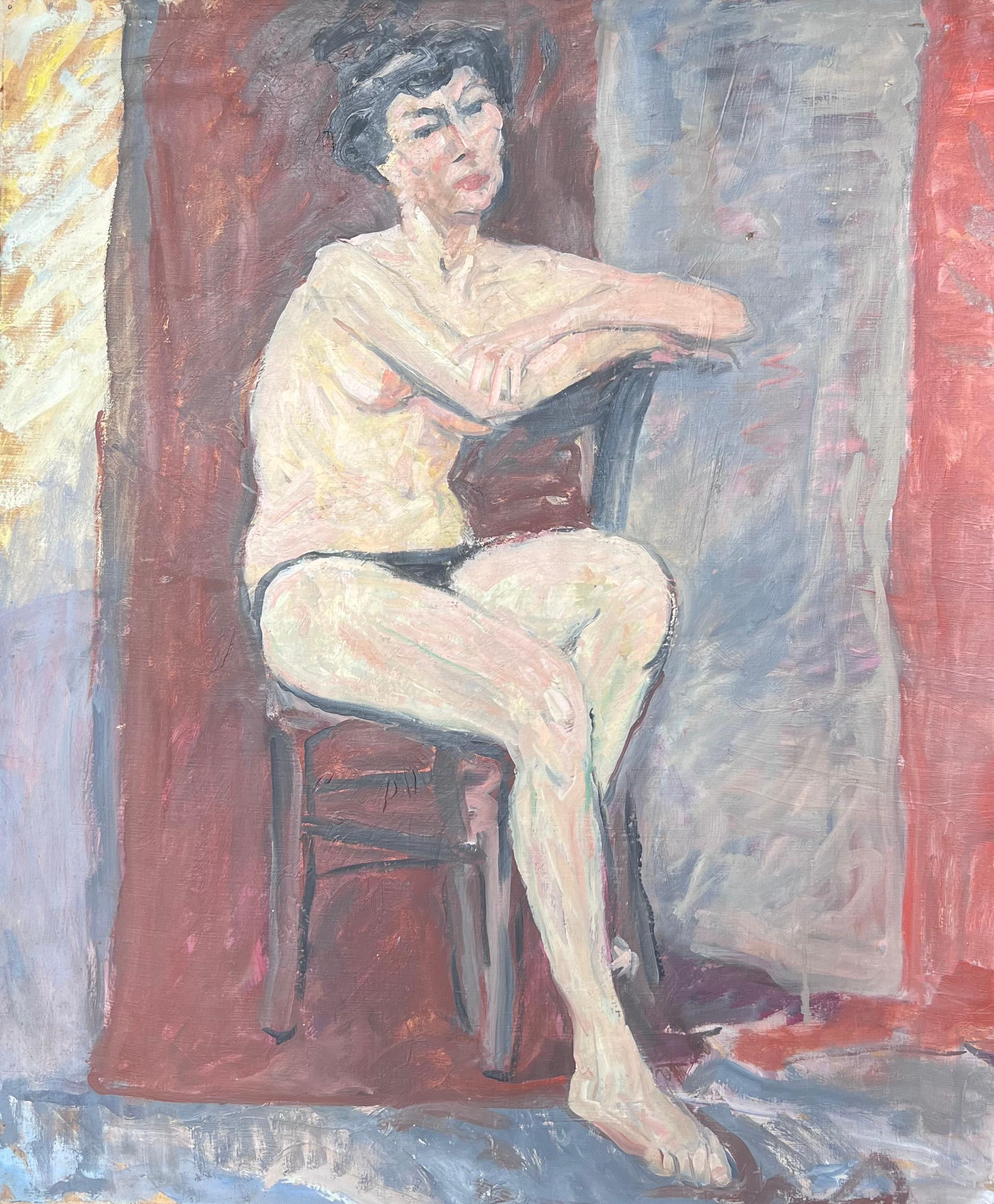 Portrait of a Nude Lady Posed On Chair Down French Mid Century Painting