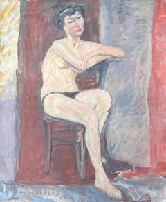 Portrait of a Nude Lady Posed On Chair Down French Mid Century Painting