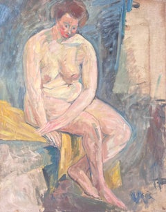 Retrato de una dama desnuda sentada sobre una manta amarilla mirando hacia abajo Pintura francesa