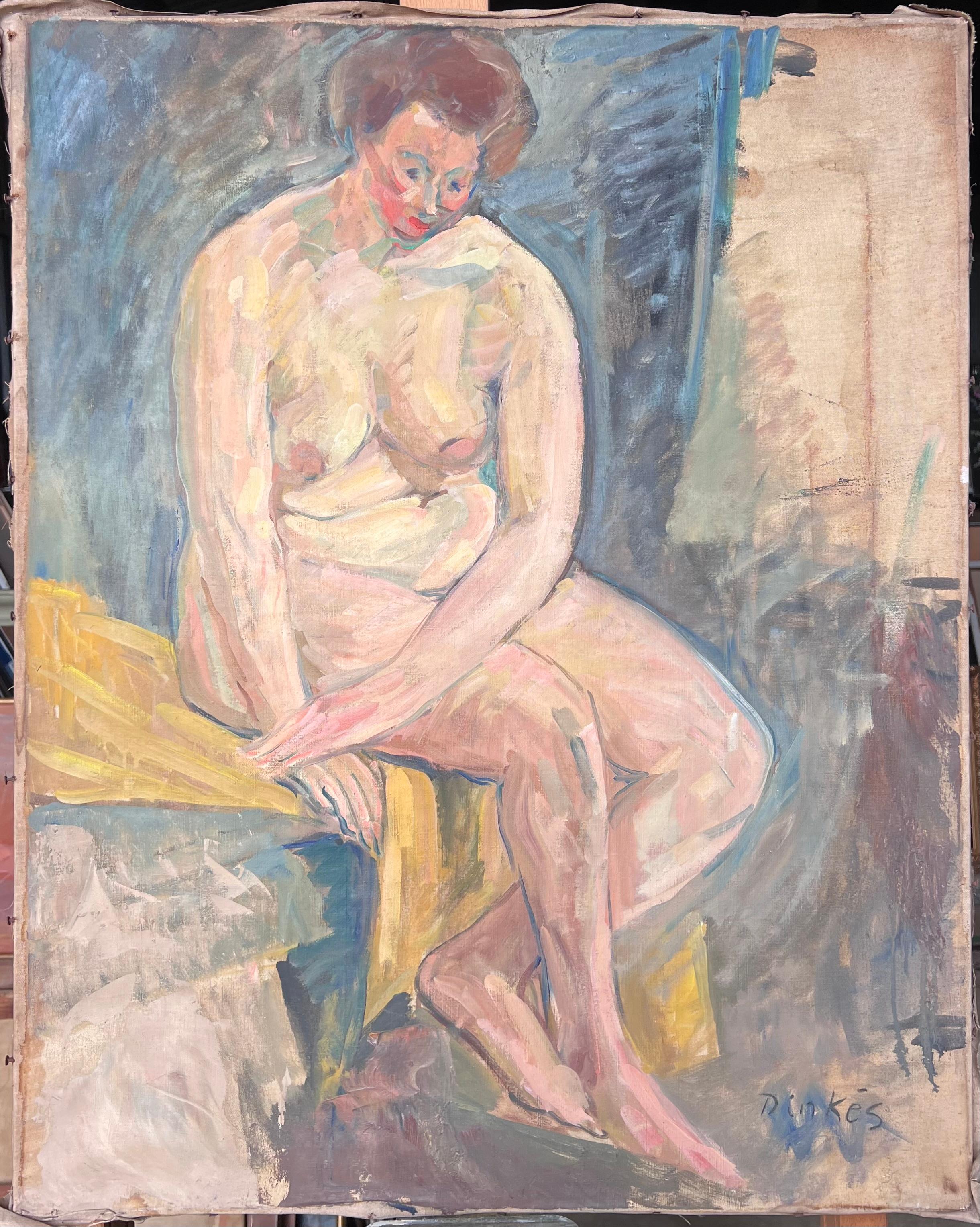 Porträt einer nackten Frau, die auf einer gelben Decke sitzt und nach unten schaut Französische Malerei (Post-Impressionismus), Painting, von Suzanne Dinkes