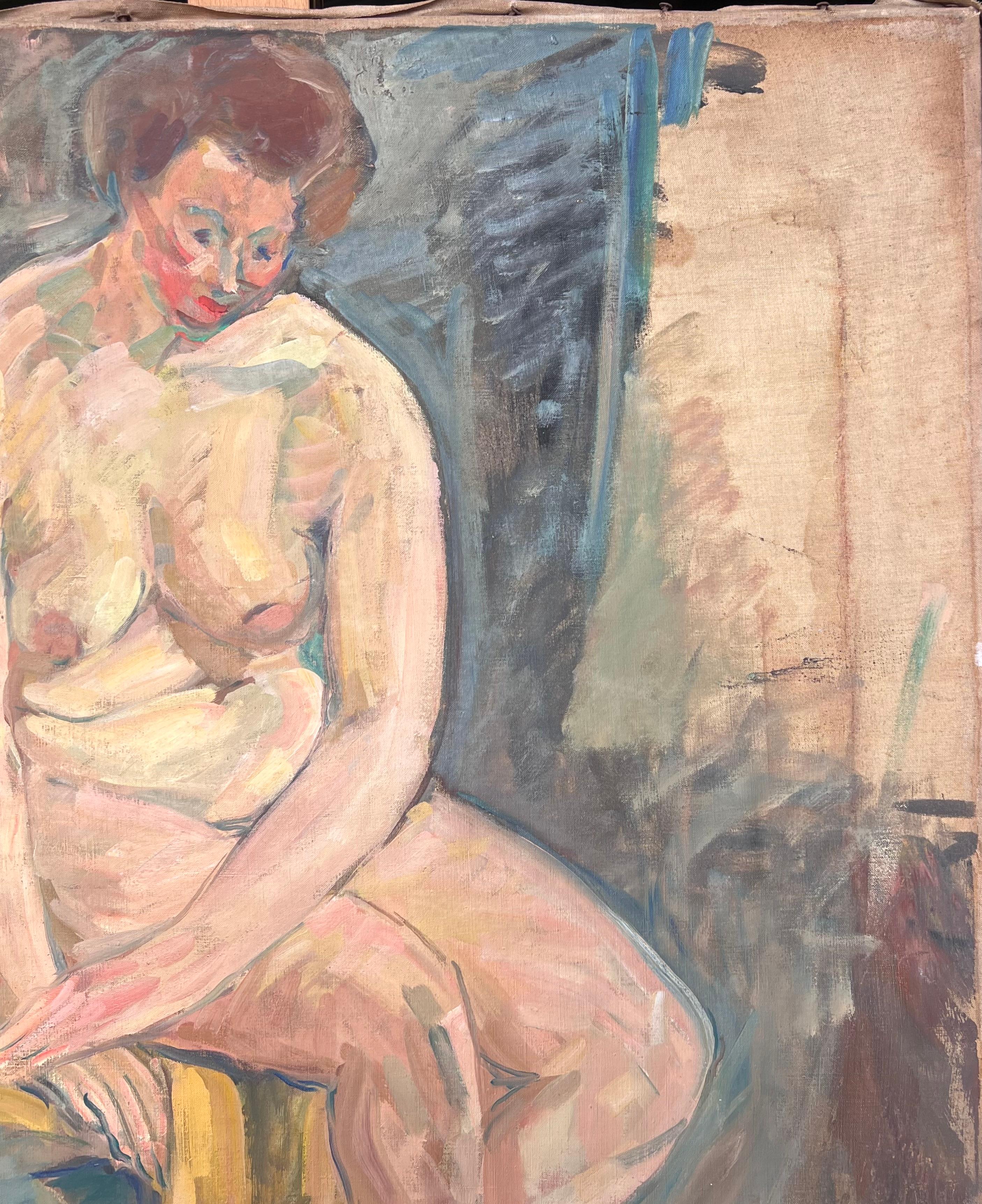 Künstler/Schule: Suzanne Dinkés (Französisch, 1895 - 1984)
Medium: signiertes Öl auf Leinwand, ungerahmt
Größe: 32 x 25,5 Zoll
Provenienz: Privatsammlung, Frankreich
Zustand: Das Gemälde ist in einem insgesamt sehr guten und soliden Zustand.
 