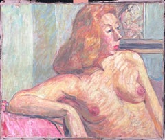 Portrait of a Posed Nude Lady On a Pink Sofa Mid Century French Painting