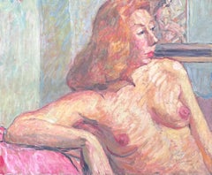 Portrait d'une Lady Pink sur un canapé rose Peinture française du milieu du siècle