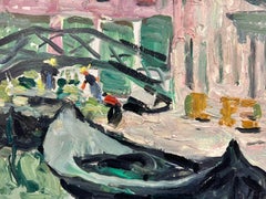 Post-Impressionist Oil Quiet Venetian Backwater Canal, moody green 1950's French