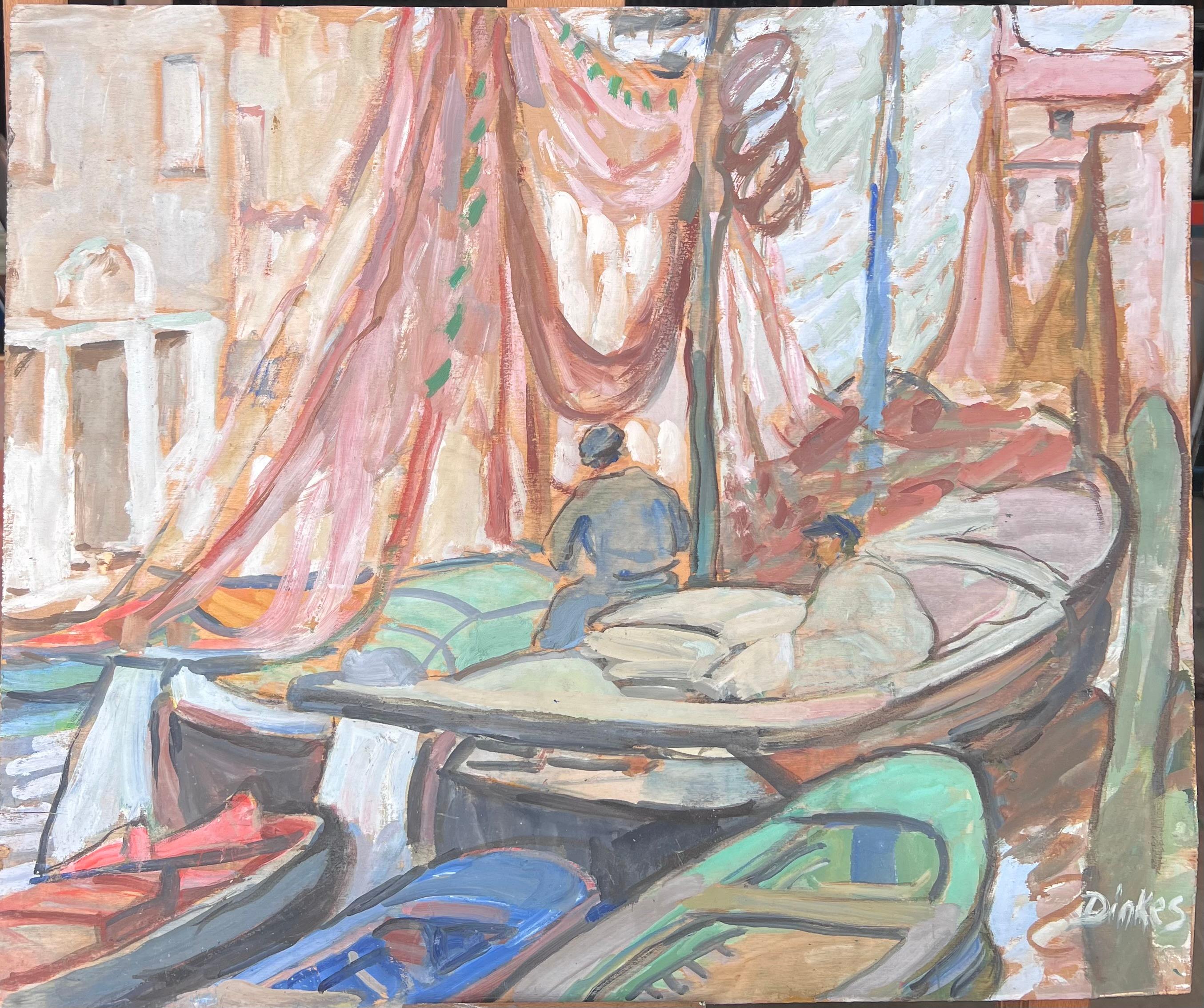 Preparando los barcos Canal de Venecia Pintura impresionista francesa de mediados de siglo - Painting de Suzanne Dinkes