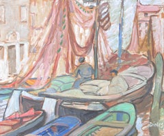 Preparing the Boats Venice Canal Mid Century French Impressionist Painting