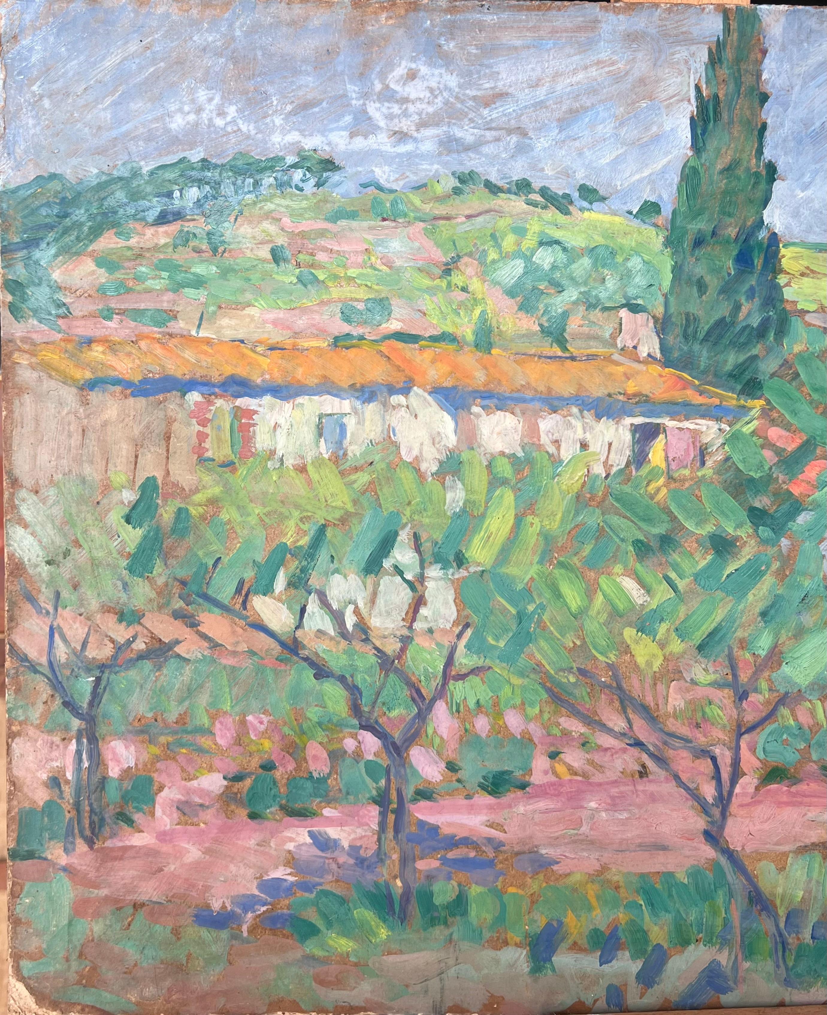 Château de Provence caché dans une oliveraie Peinture impressionniste du milieu du siècle - Post-impressionnisme Painting par Suzanne Dinkes
