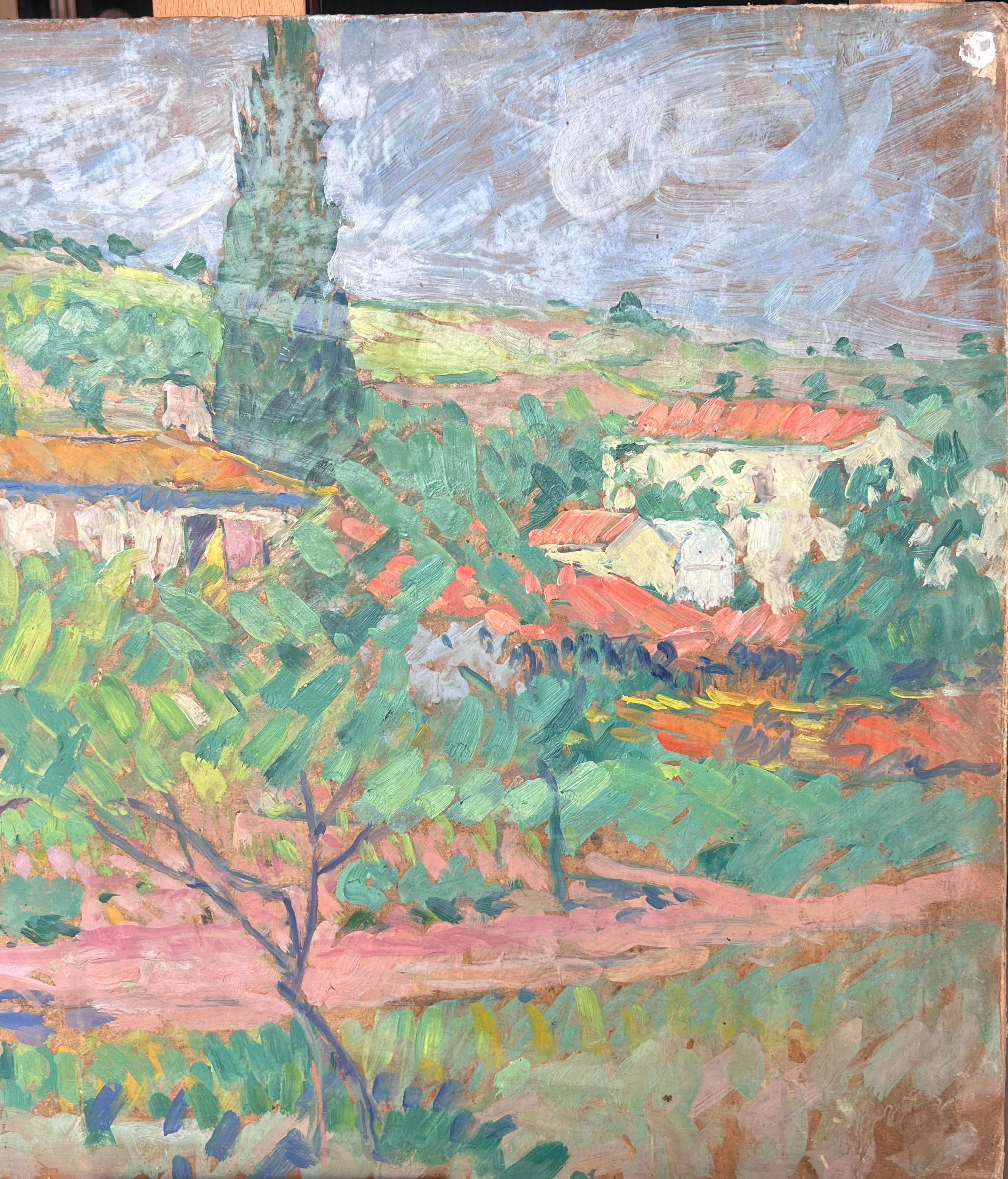 Château de Provence caché dans une oliveraie Peinture impressionniste du milieu du siècle - Gris Landscape Painting par Suzanne Dinkes