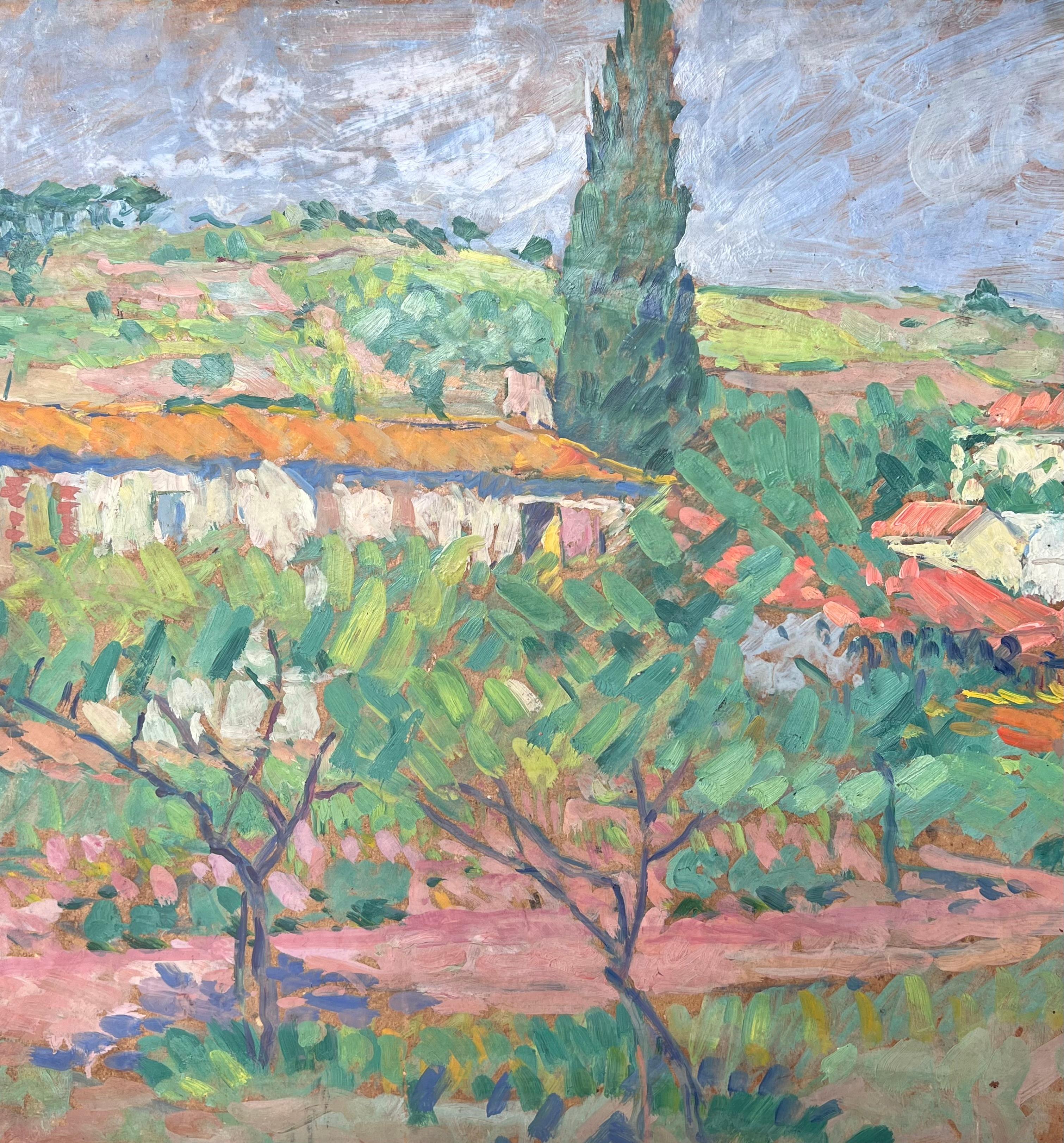 Château de Provence caché dans une oliveraie Peinture impressionniste du milieu du siècle en vente 1