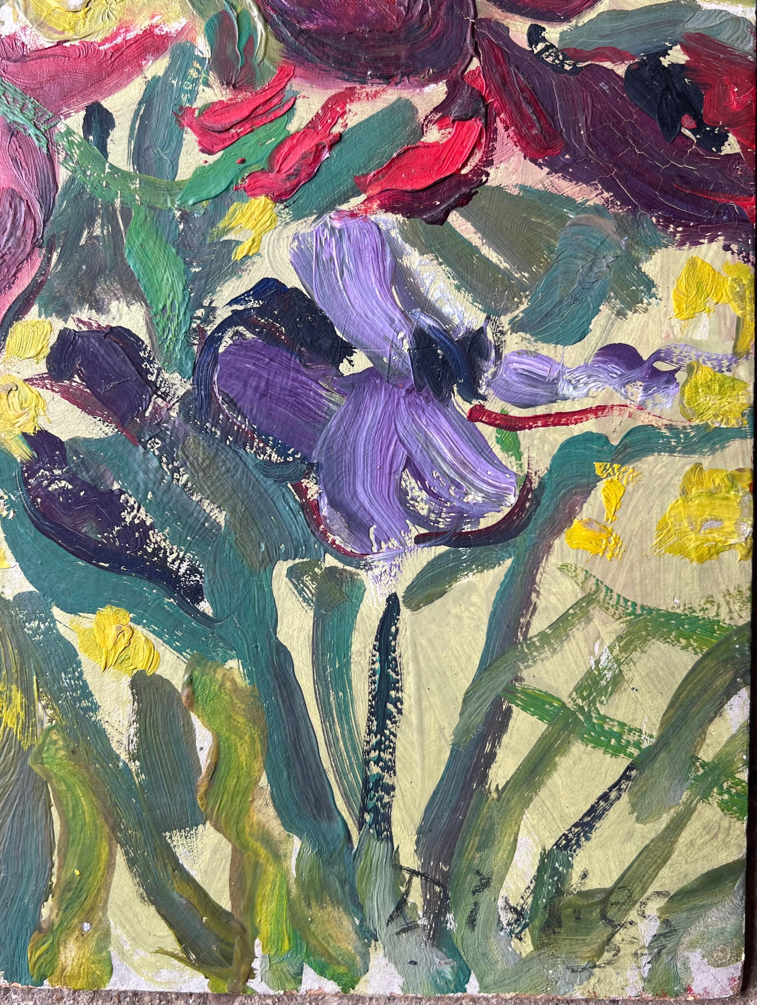 Plante pourpre et rouge dans une pièce jaune Peinture impressionniste française du milieu du siècle en vente 1