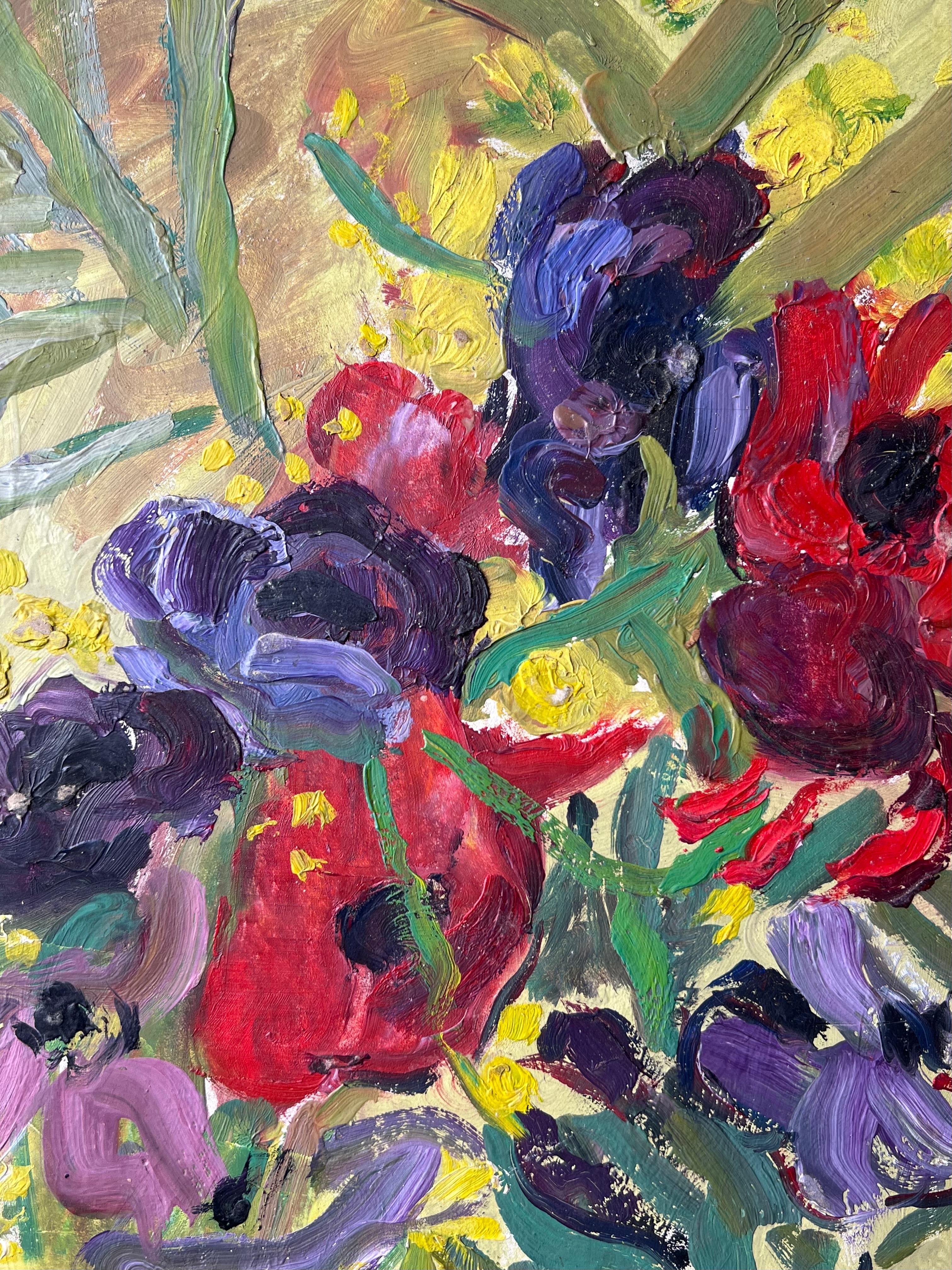 Plante pourpre et rouge dans une pièce jaune Peinture impressionniste française du milieu du siècle en vente 2