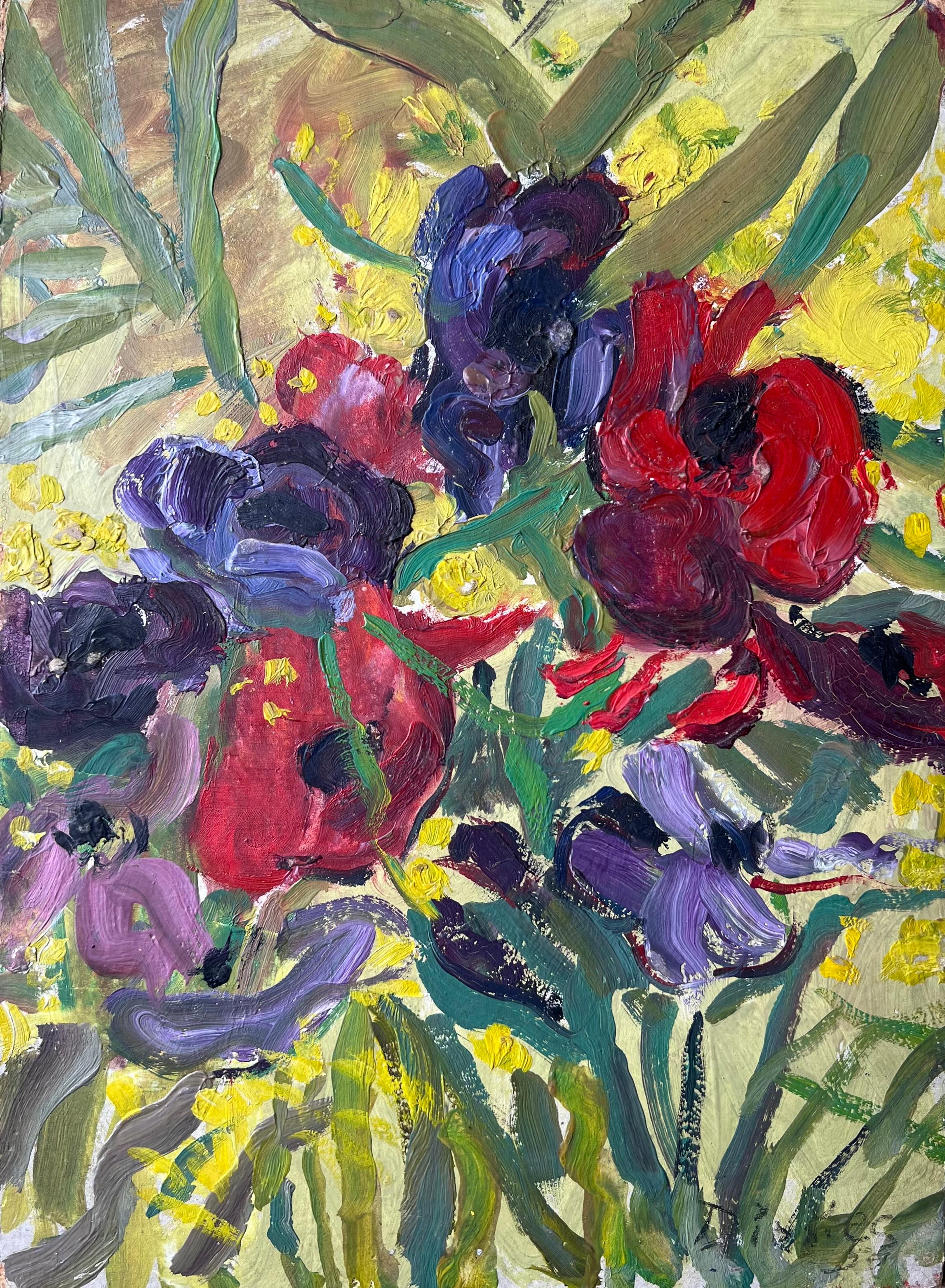 Interior Painting Suzanne Dinkes - Plante pourpre et rouge dans une pièce jaune Peinture impressionniste française du milieu du siècle